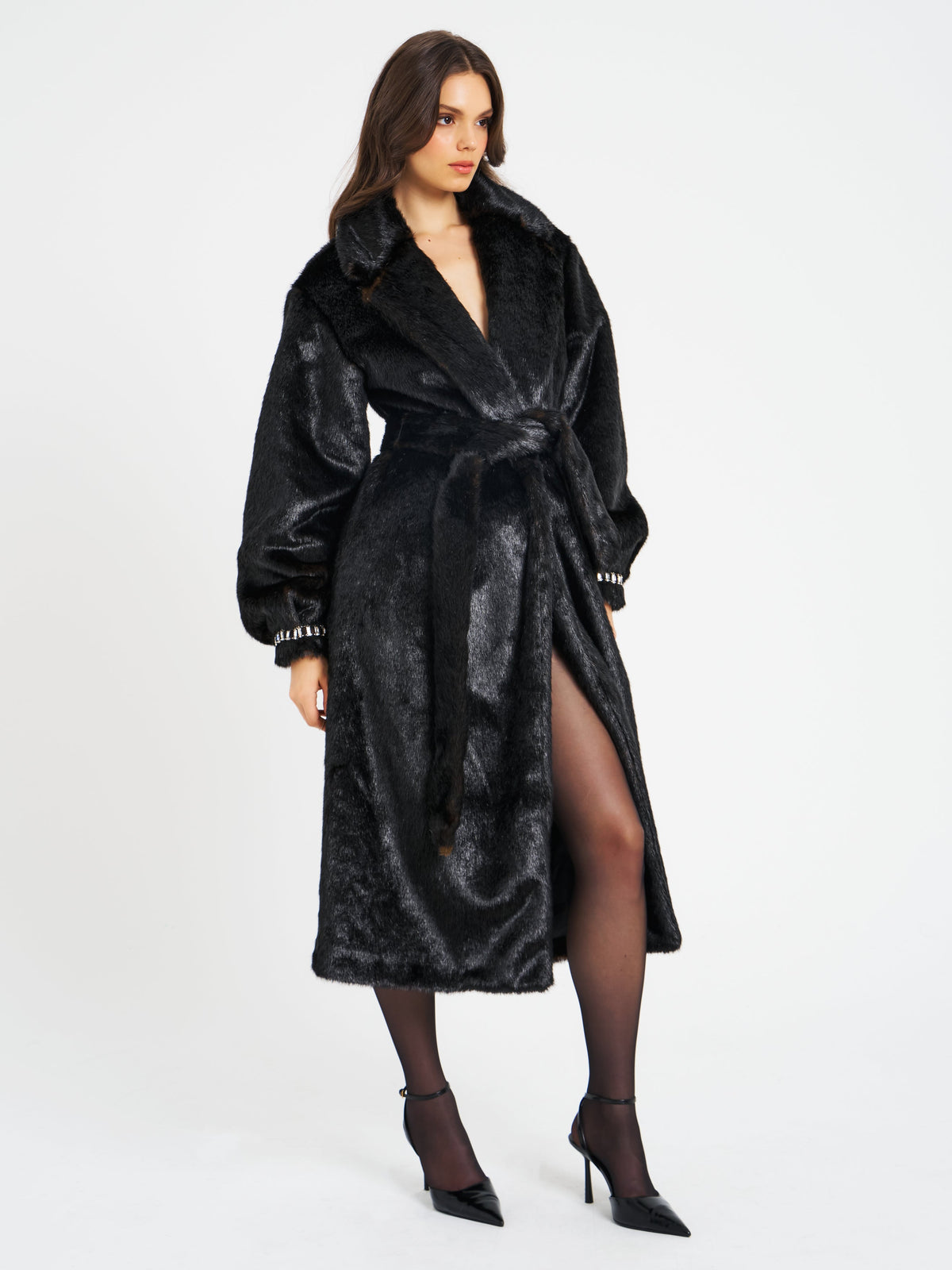 Yahia Black Vegan Long Faux Mink Coat (Archive Sale)