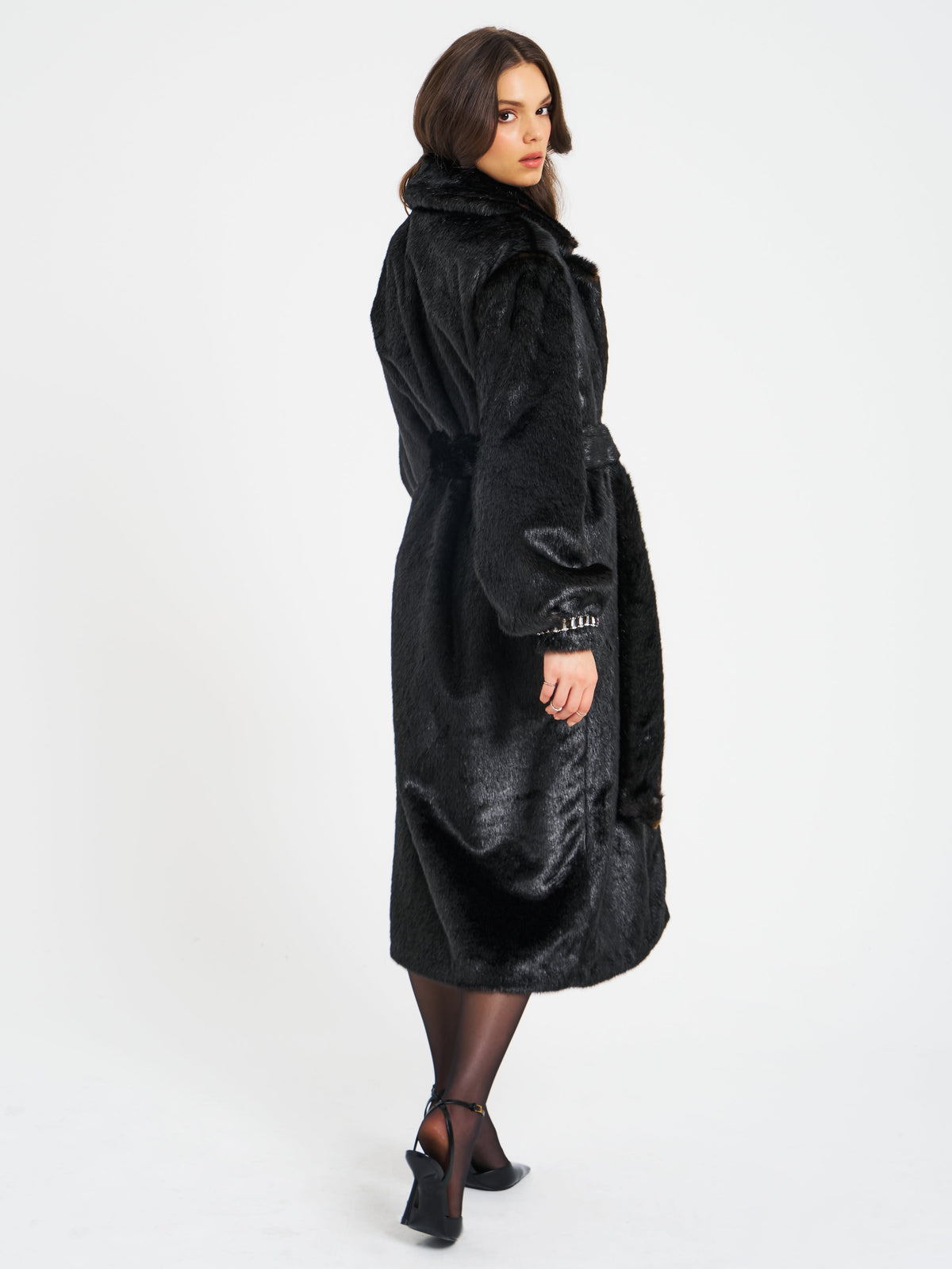 Yahia Black Vegan Long Faux Mink Coat (Archive Sale)