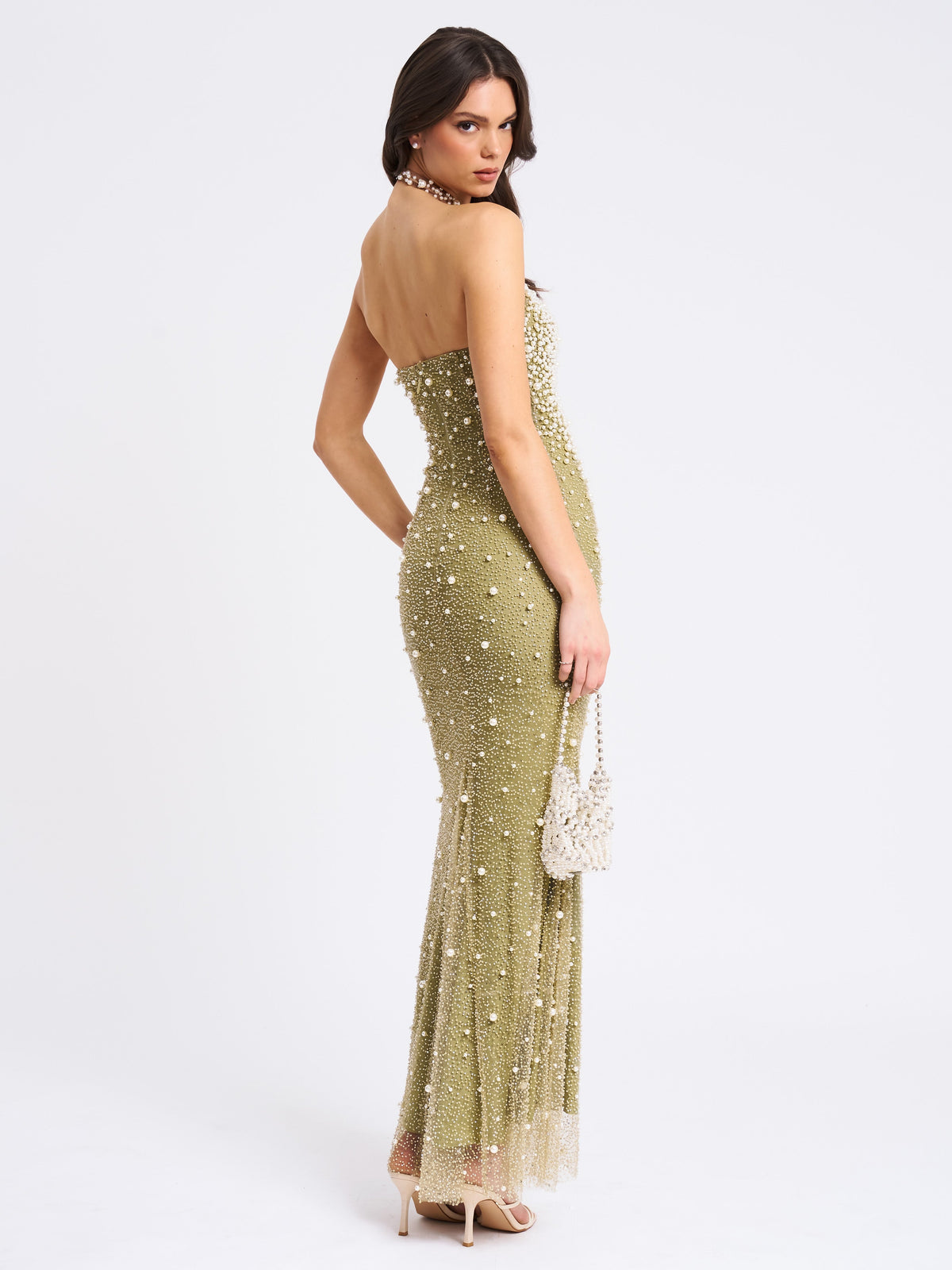BBC Ginny Pear Green Pearl Embellished Backless Gown (Archive Sale)