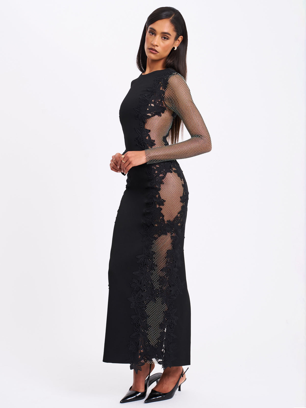 Bailey Lace Trim Crystal Net Cutout Long Sleeve Gown (Archive Sale)