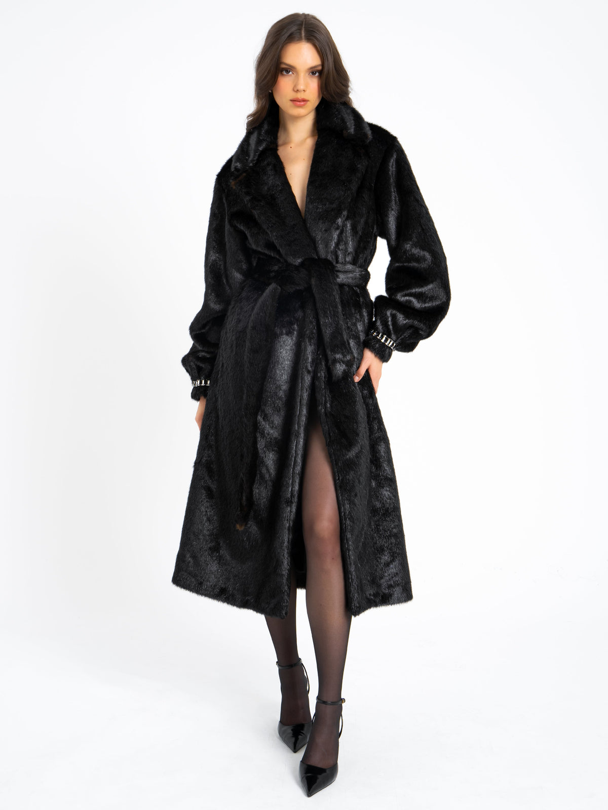Yahia Black Vegan Long Faux Mink Coat (Archive Sale)