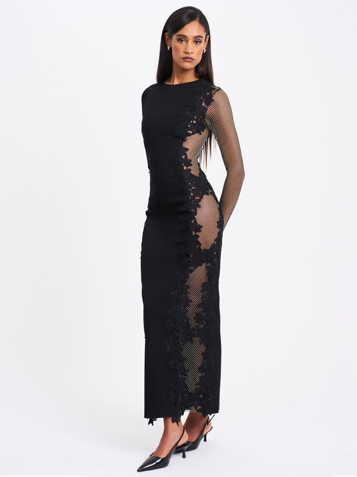 Bailey Lace Trim Crystal Net Cutout Long Sleeve Gown (Archive Sale)