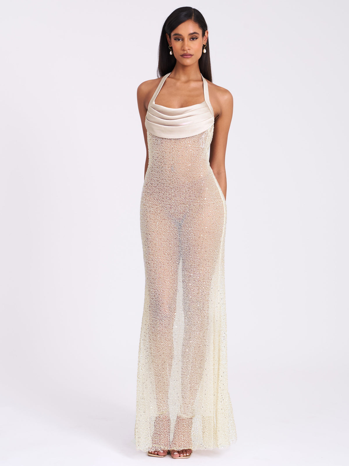 Zahya Lime Halter Backless Beaded Mesh Gown (Archive Sale)