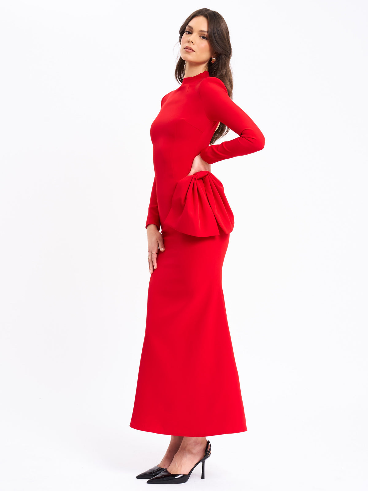 Radha Red Backless Longsleeve Maxi Dress with Bow (Archive Sale)