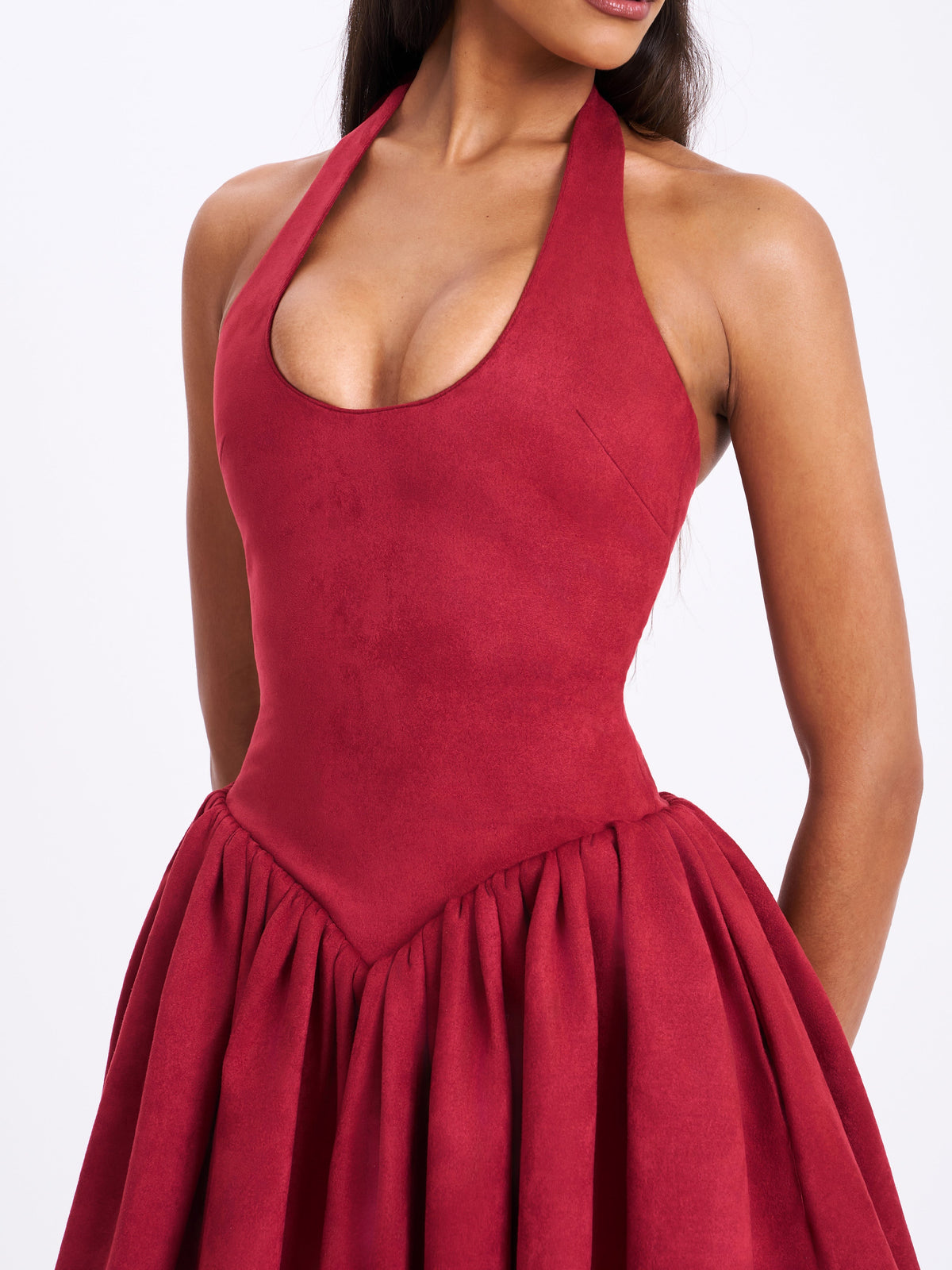 Hadorabra Burgundy Suede Halter Mini Full Dress (Archive Sale)