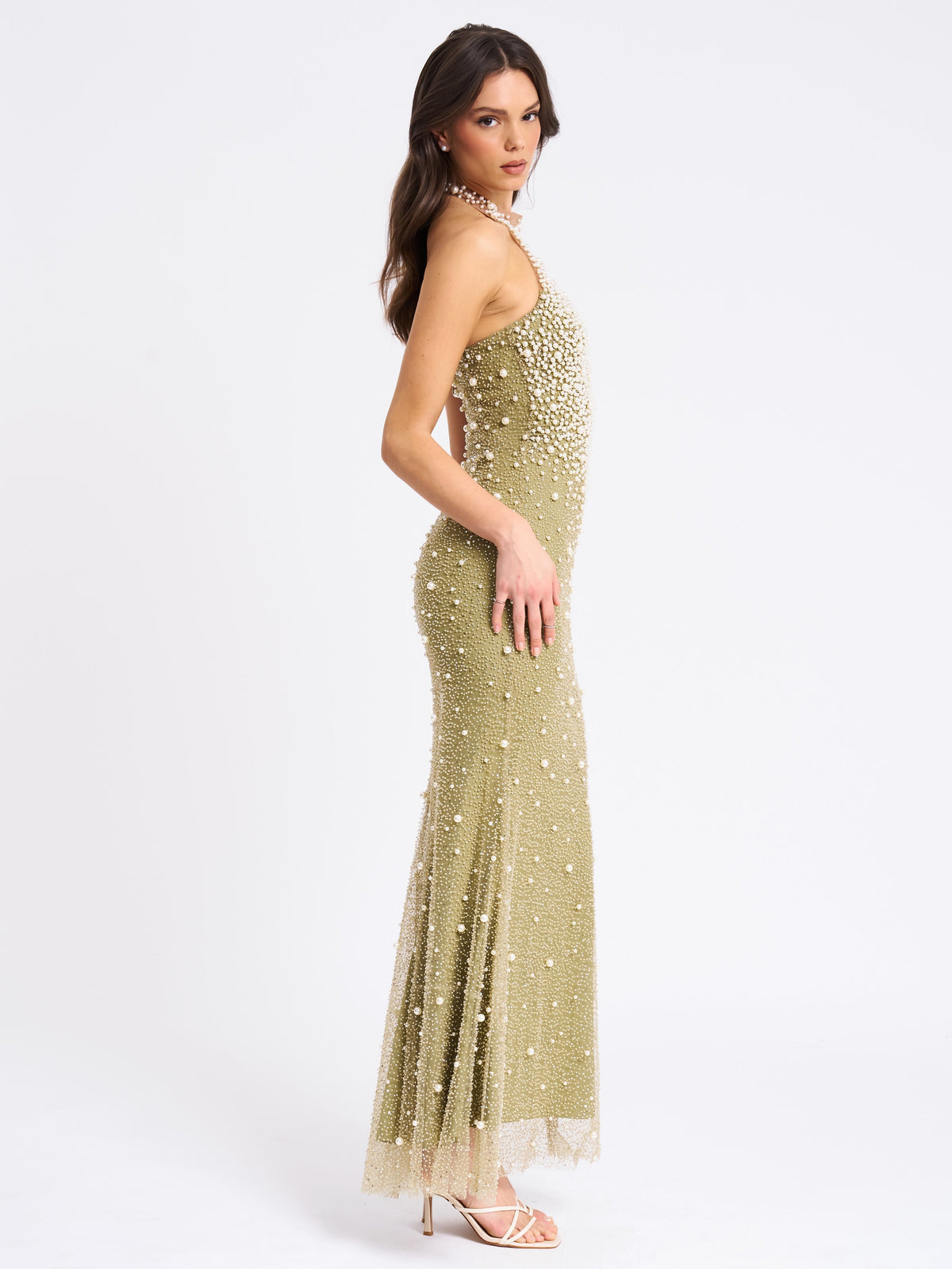 BBC Ginny Pear Green Pearl Embellished Backless Gown (Archive Sale)