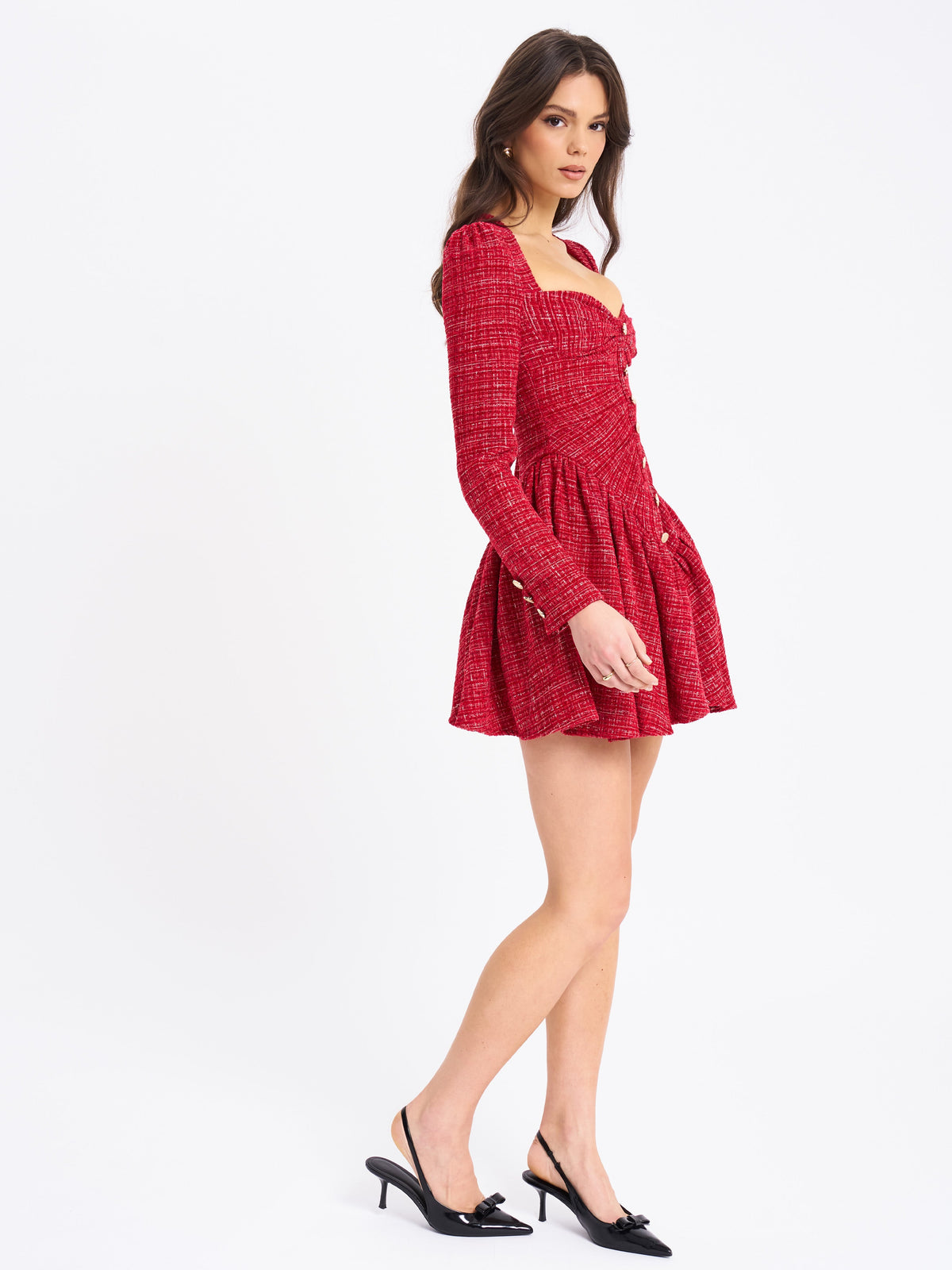 Tae Red Tweed Long Sleeve Drop Waist Mini Dress (Archive Sale)