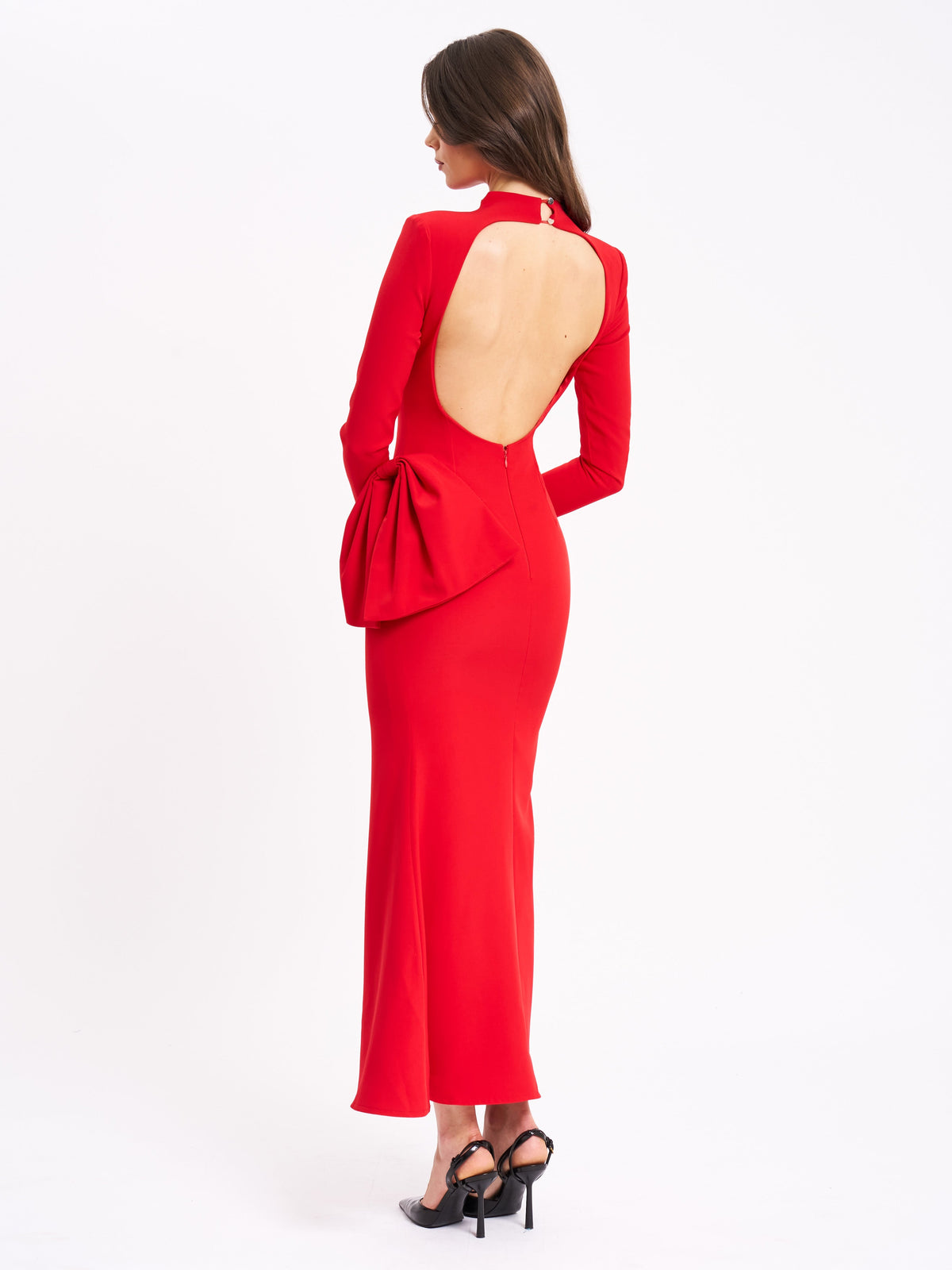 Radha Red Backless Longsleeve Maxi Dress with Bow (Archive Sale)