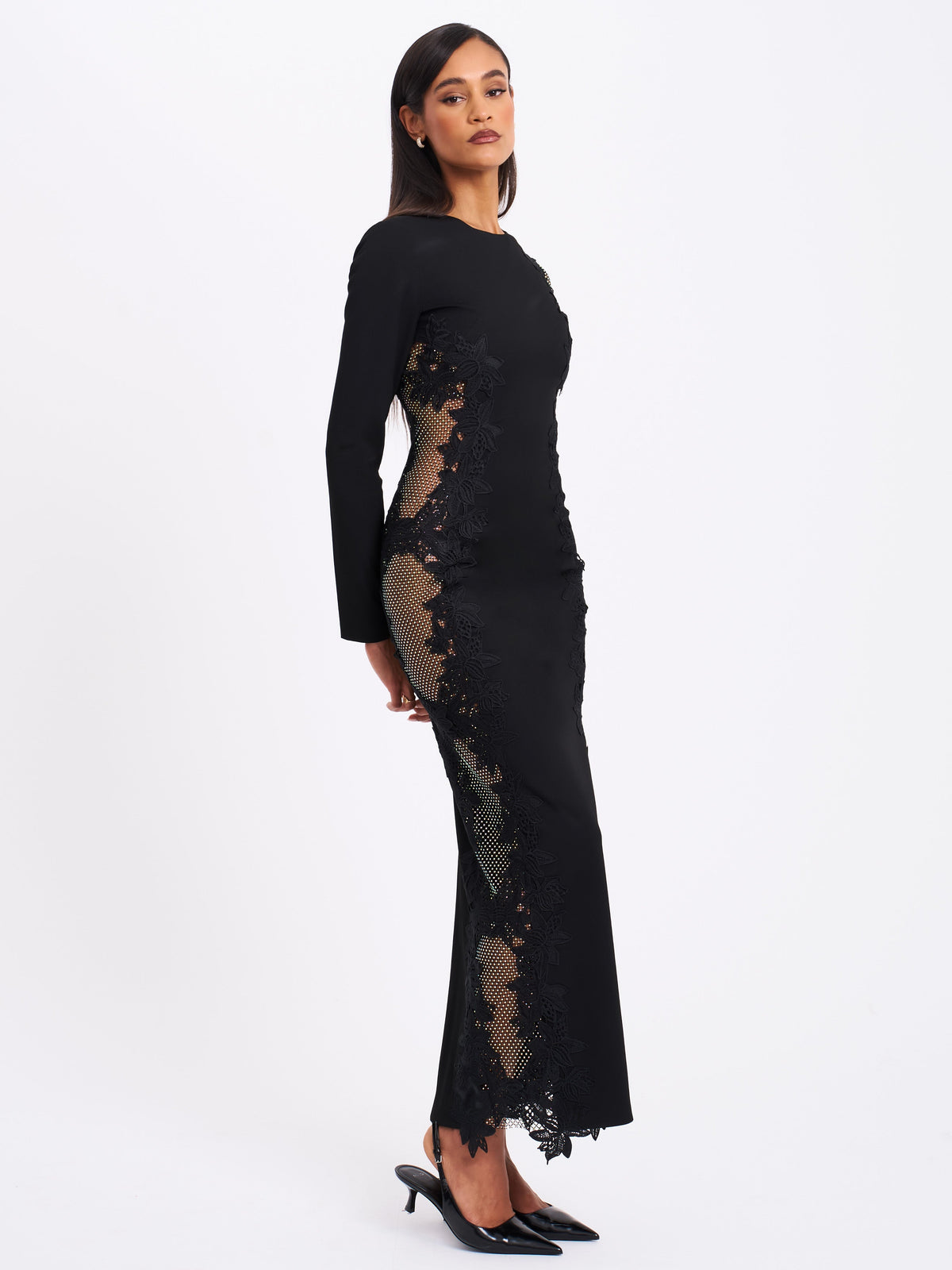 Bailey Lace Trim Crystal Net Cutout Long Sleeve Gown (Archive Sale)