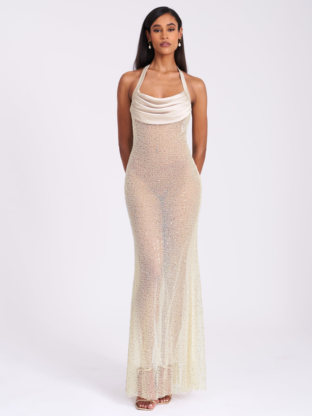 Zahya Lime Halter Backless Beaded Mesh Gown (Archive Sale)