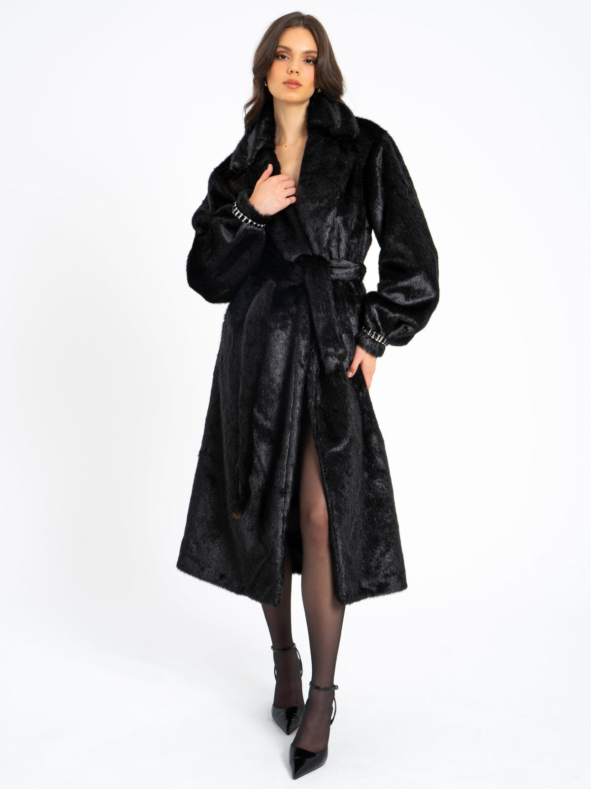 Yahia Black Vegan Long Faux Mink Coat (Archive Sale)