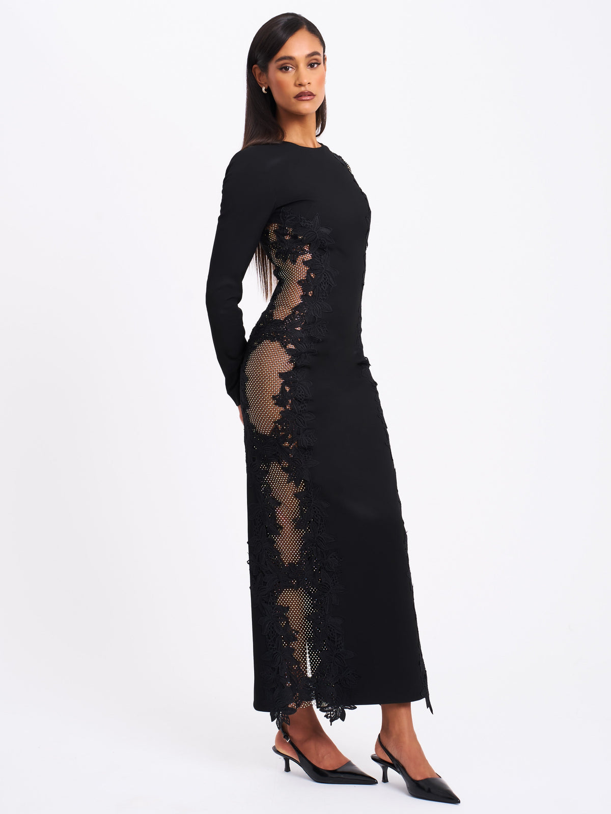 Bailey Lace Trim Crystal Net Cutout Long Sleeve Gown (Archive Sale)