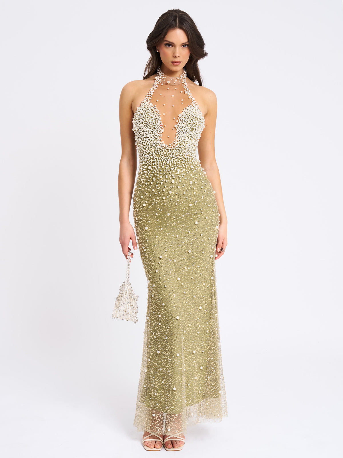 BBC Ginny Pear Green Pearl Embellished Backless Gown (Archive Sale)