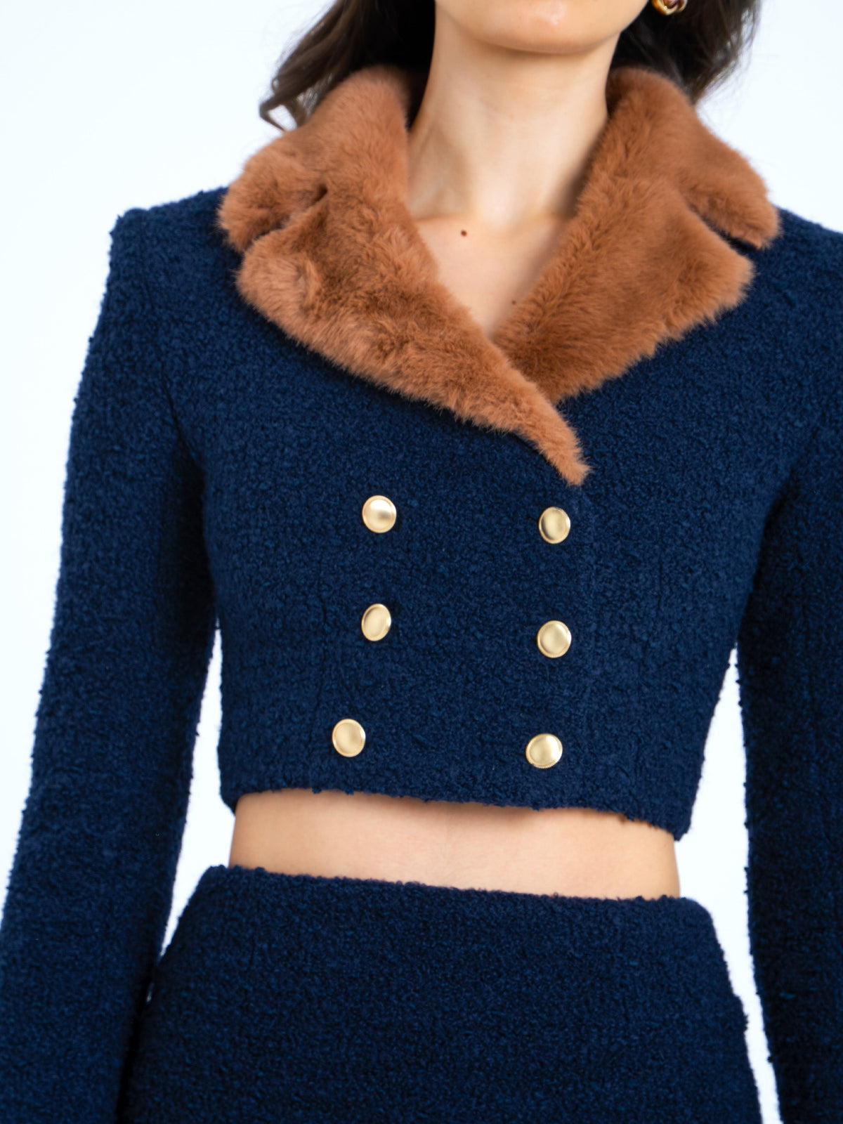 Wava Navy Blue Double Breast Fur Trim Cropped Boucle Wool Jacket (Archive Sale)