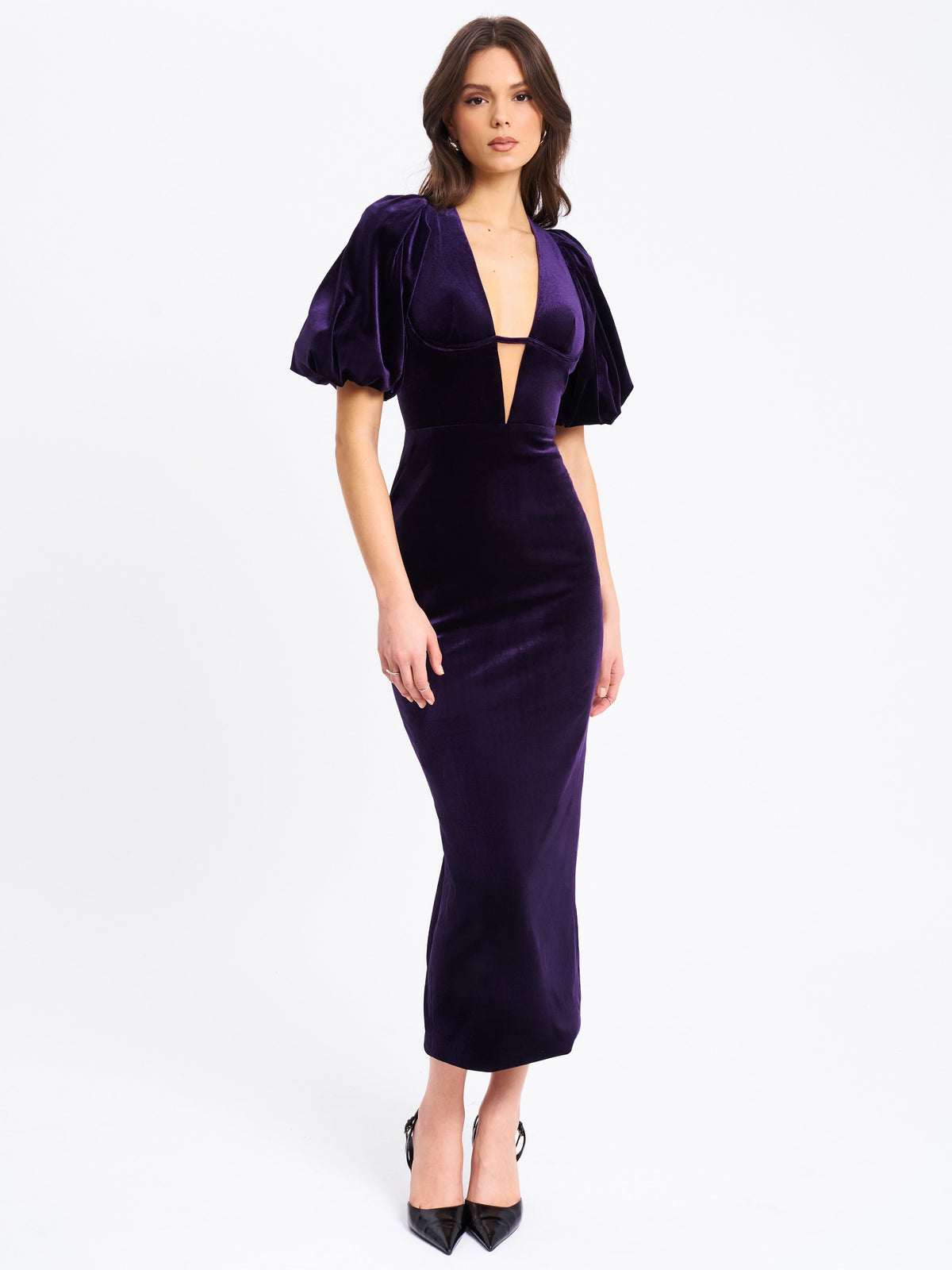 Coraline Purple Velvet Bubble Sleeve Backless Maxi Dress (Archive Sale)