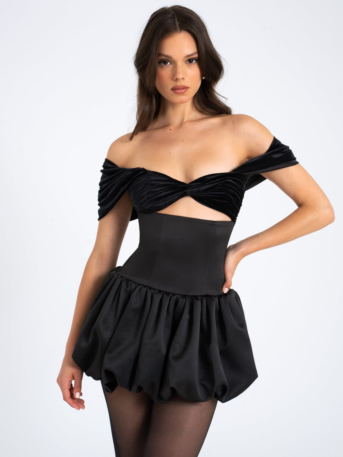 Gabby Black Velvet Top Bubble Hem Mini Dress (Archive Sale)