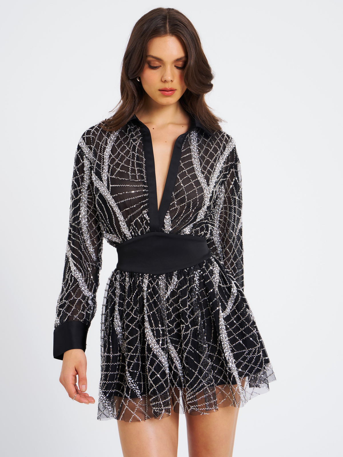 Rachelle Black Embroidered Mesh Mini Shirt Dress (Archive Sale)