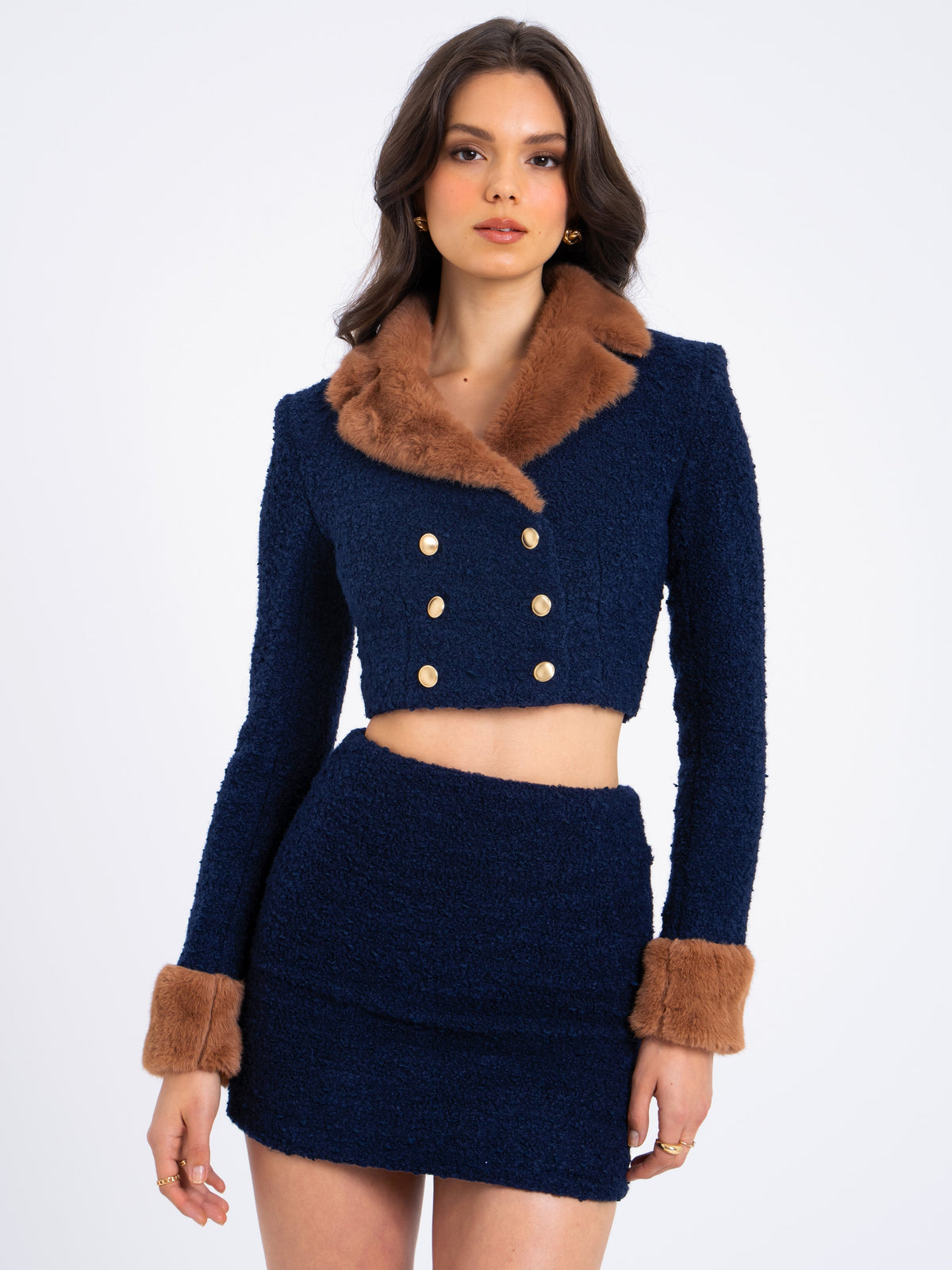 Wava Navy Blue Double Breast Fur Trim Cropped Boucle Wool Jacket (Archive Sale)