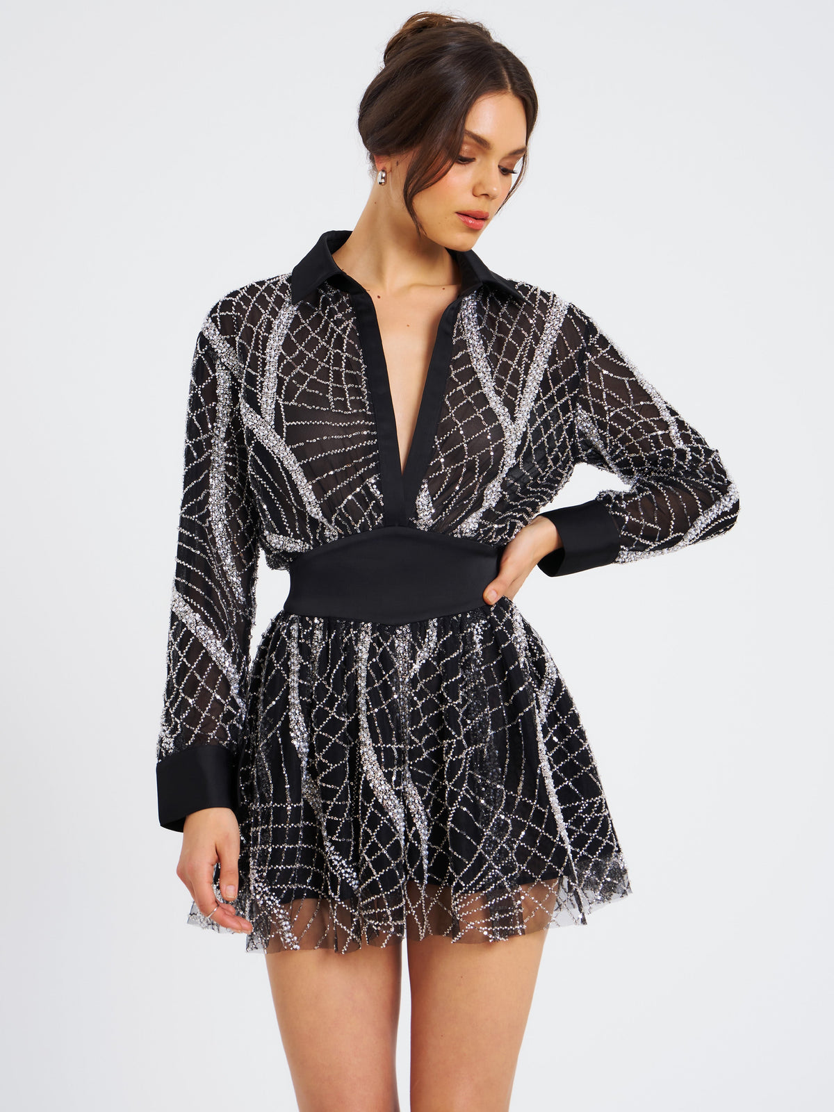 Rachelle Black Embroidered Mesh Mini Shirt Dress (Archive Sale)