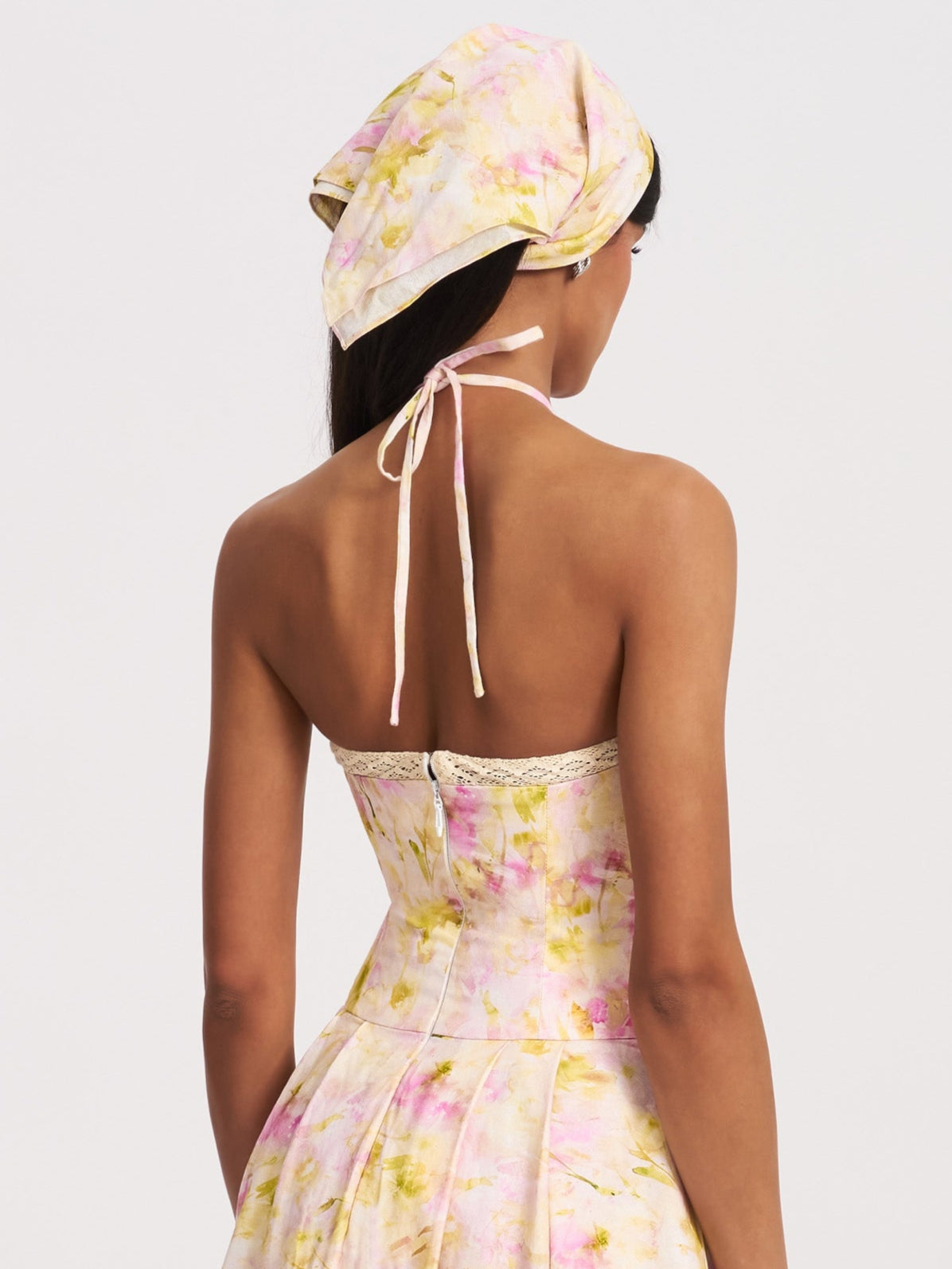 Zaina Yellow Pink Floral Print Lace Trim Linen Midi Dress