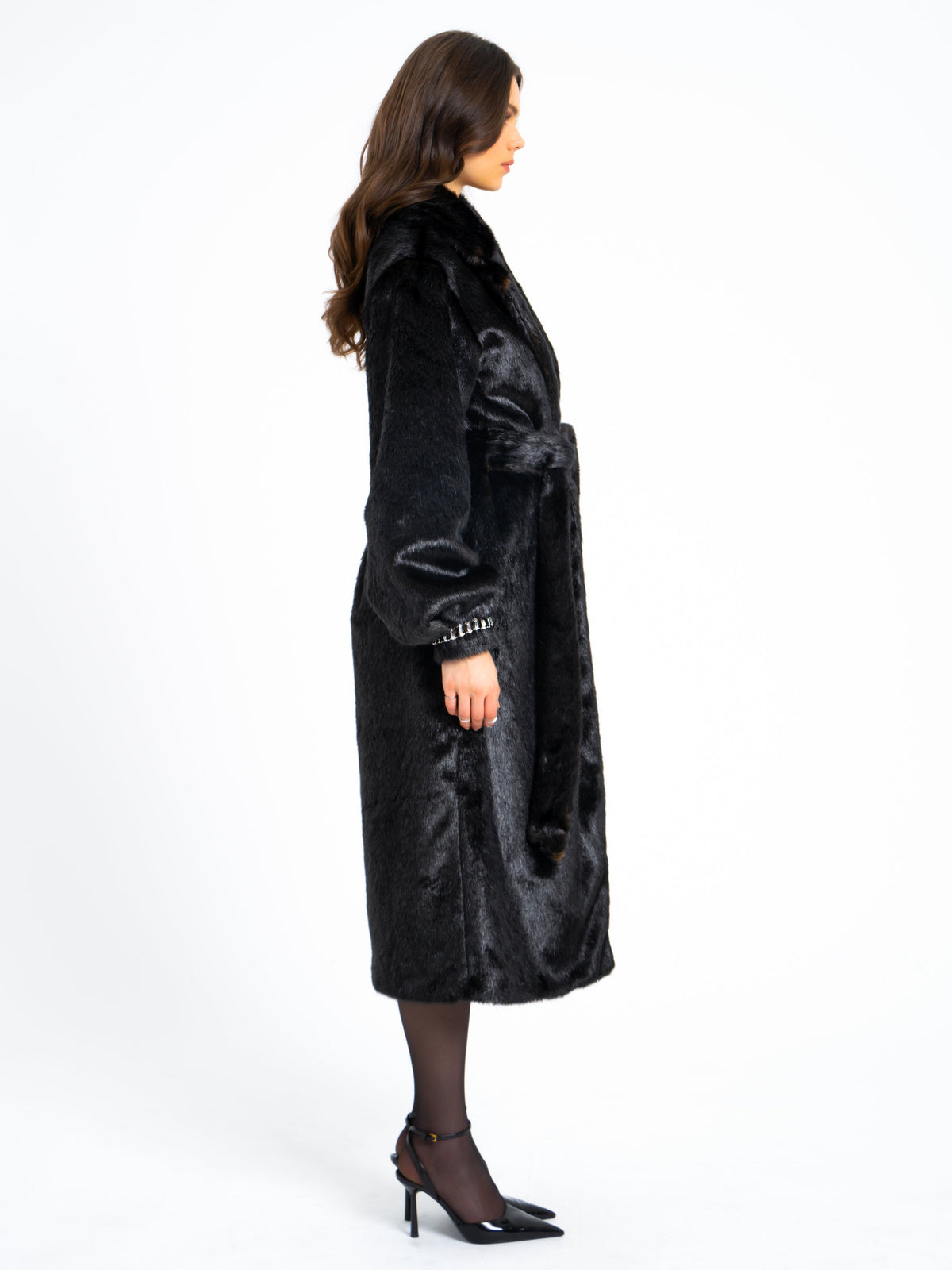 Yahia Black Vegan Long Faux Mink Coat (Archive Sale)