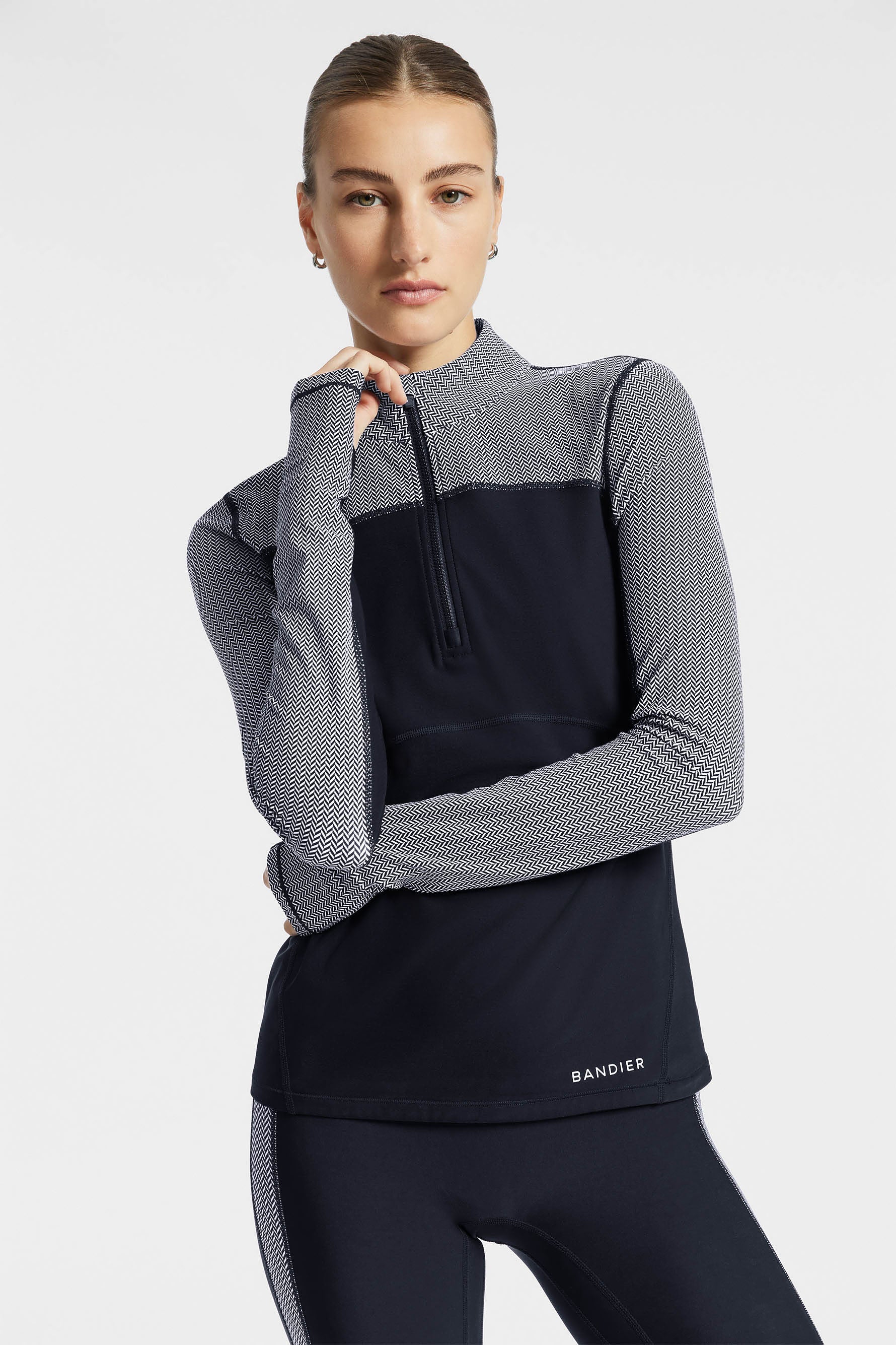 Pro Fleece 1/4 Zip Color Block Long Sleeve Top - Black/white Herringbone