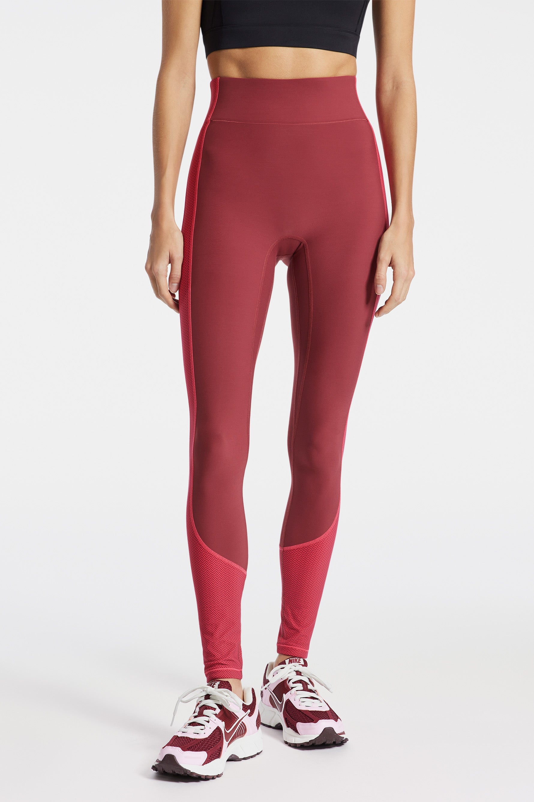 Center Stage Color Block Pro Fleece Legging - Cordovan/pink Herringbone