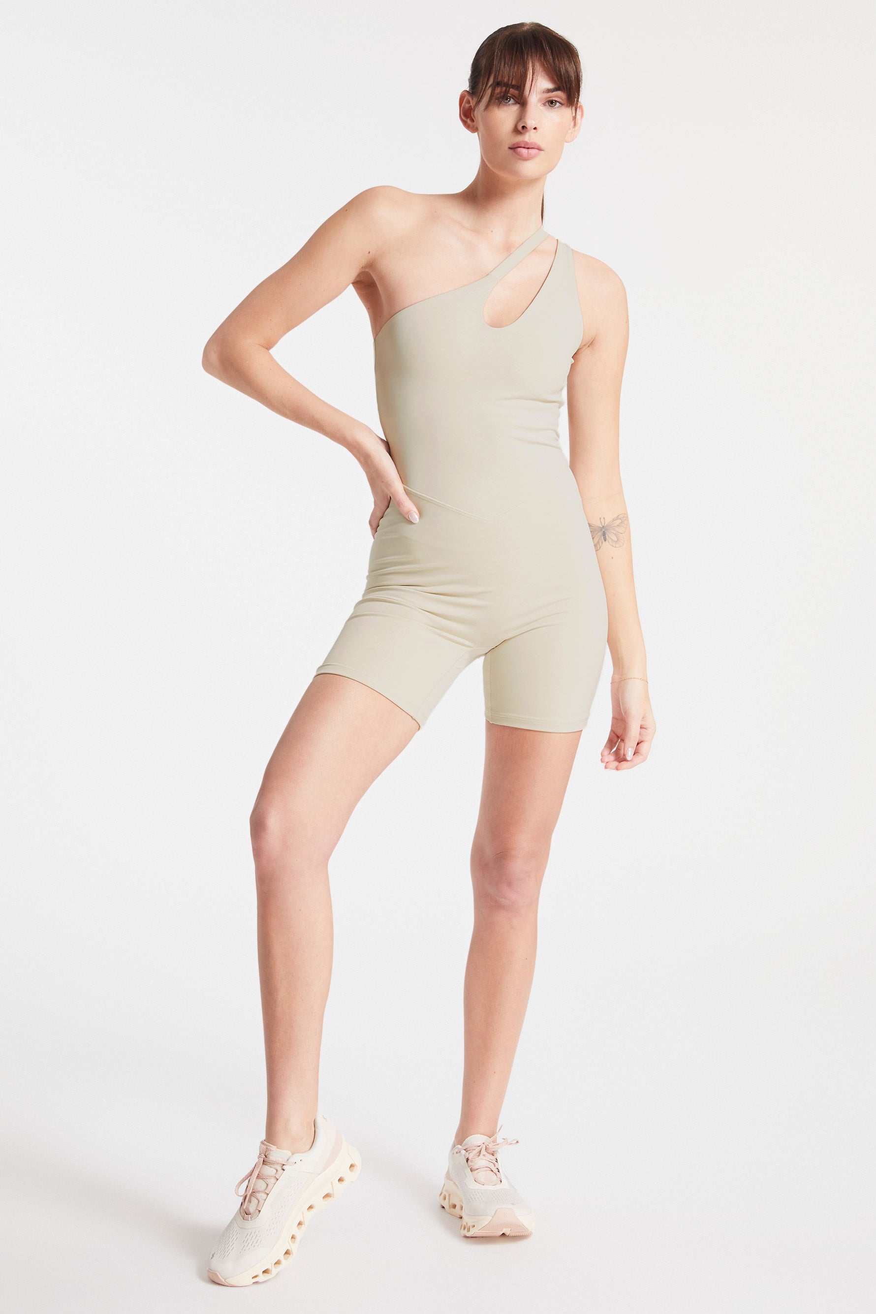 Asymmetric Tempo Short Catsuit - Pumice Stone