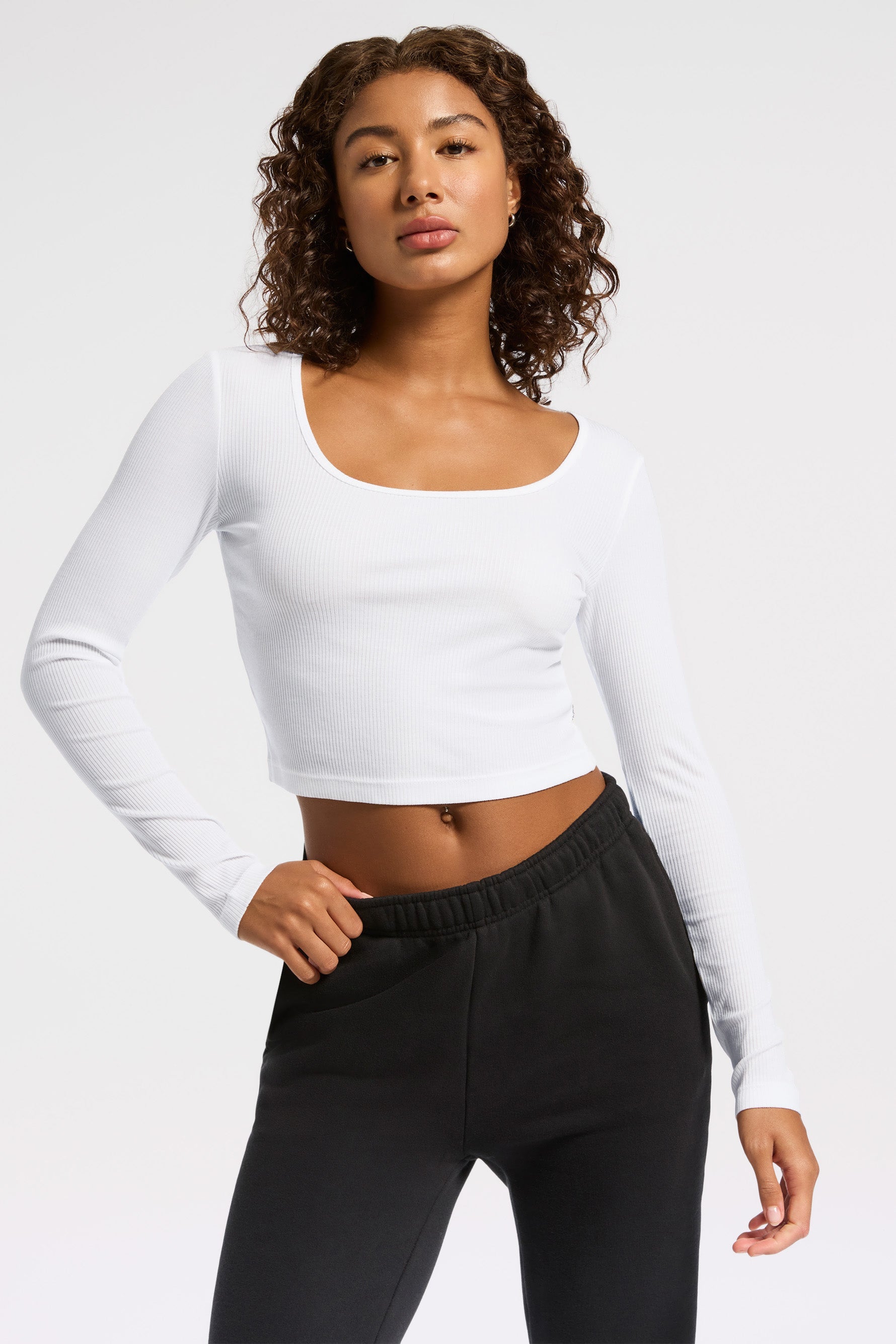 Rivington Ribbed Long Sleeve Scoop Neck Crop Top - White