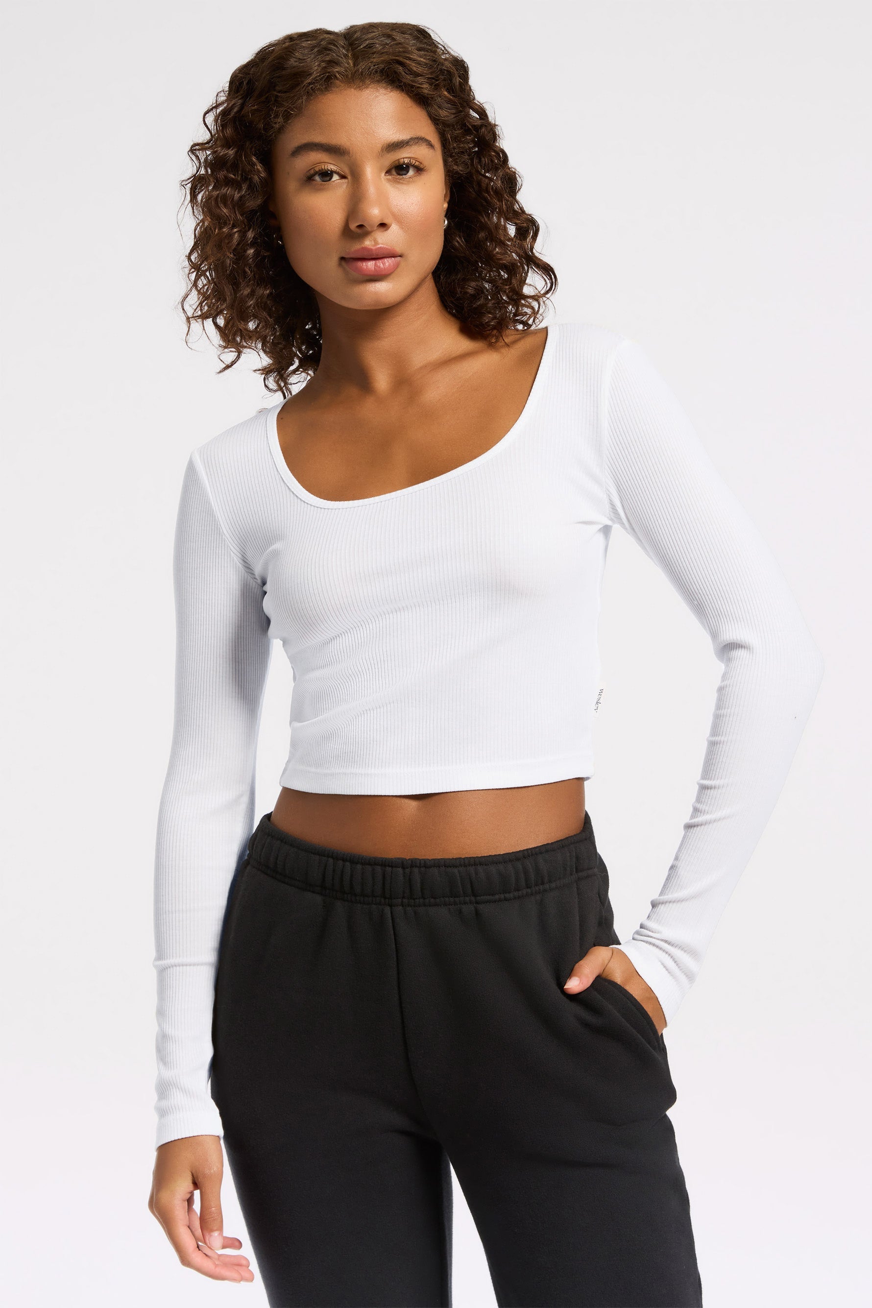 Rivington Ribbed Long Sleeve Scoop Neck Crop Top - White