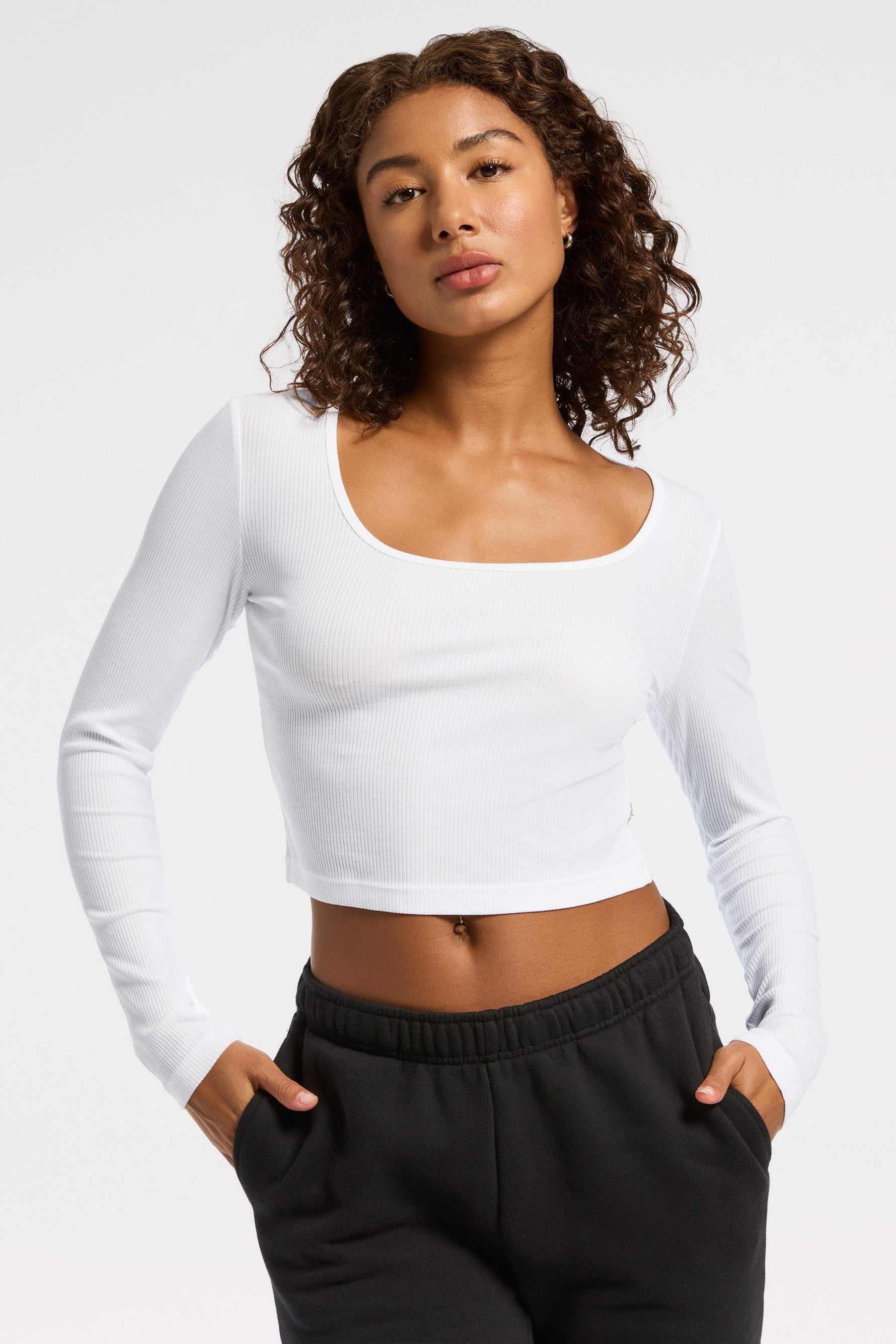 Rivington Ribbed Long Sleeve Scoop Neck Crop Top - White