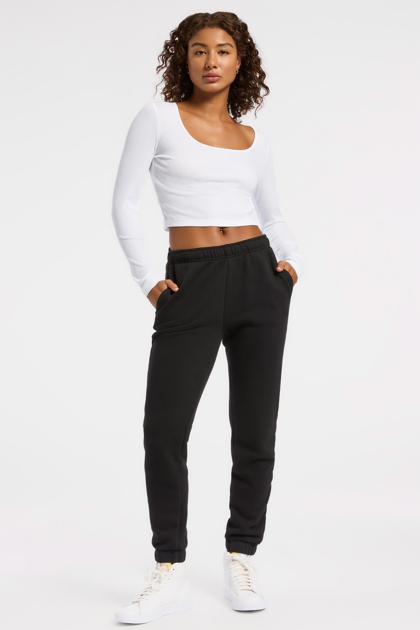 Rivington Ribbed Long Sleeve Scoop Neck Crop Top - White