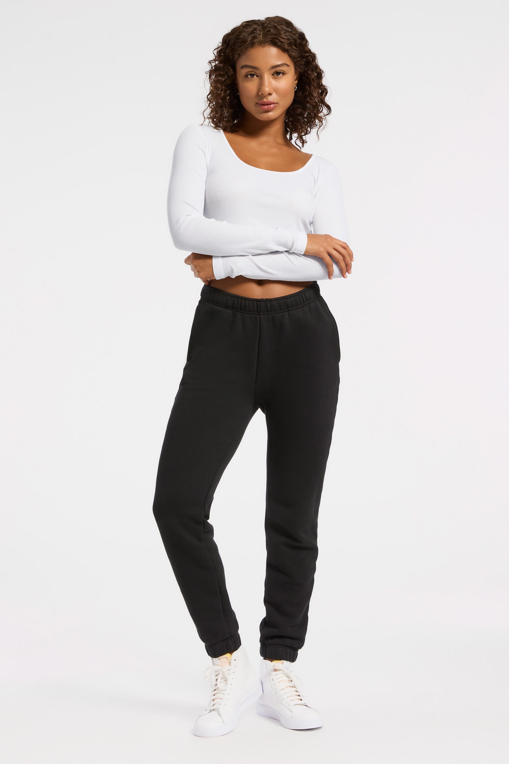 Rivington Ribbed Long Sleeve Scoop Neck Crop Top - White