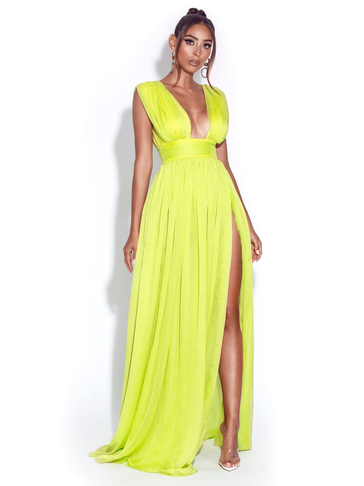 Valley Of Angels Lime Chiffon Pleated High Slit Maxi Dress (Archive Sale)
