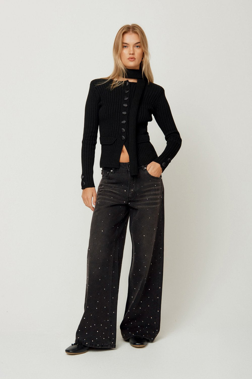 House of Sunny Crystallised Wide Leg Denim - Jet Black