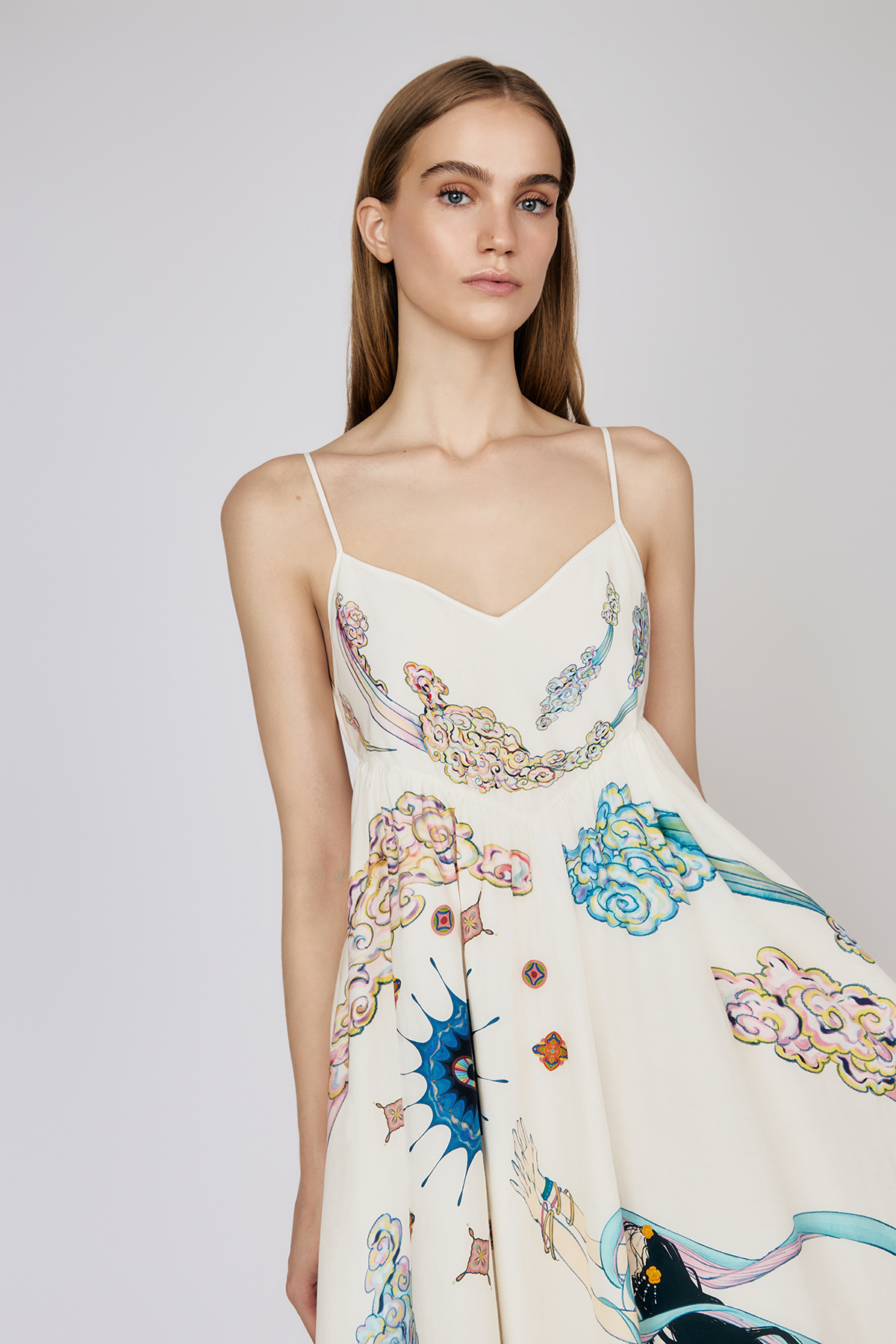 Du & Berry white midi summer dress with thin straps and colorful artistic print design