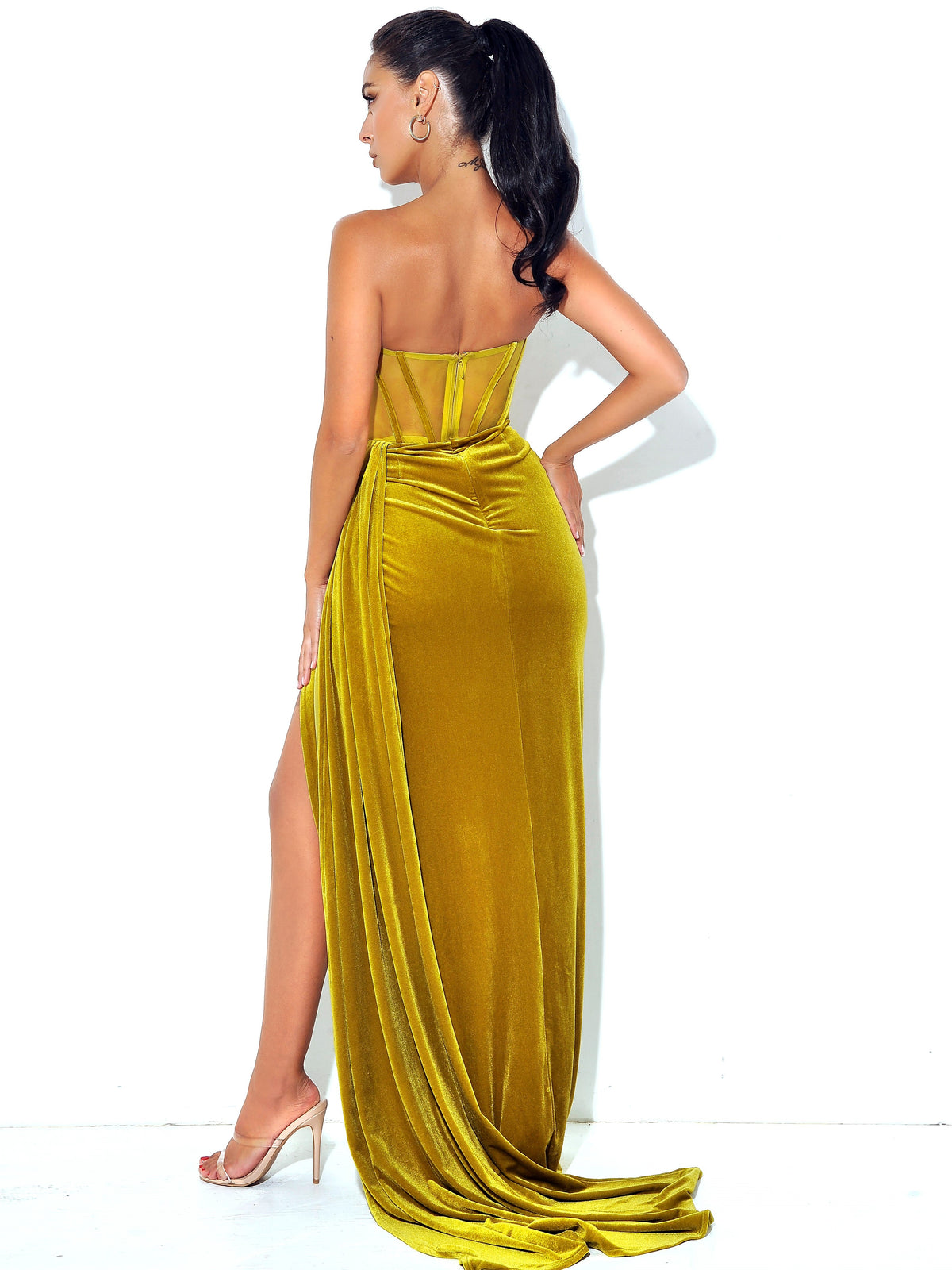 Priya Gold Draping Corset High Slit Velvet Gown (Archive Sale)
