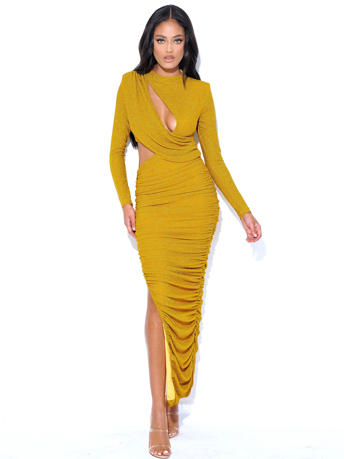 Payson Gold Long Sleeve Metallic Jersey Cutout Dress (Archive Sale)