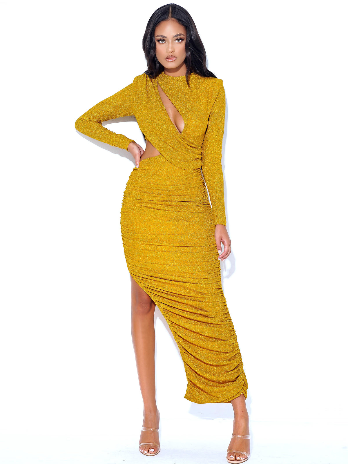 Payson Gold Long Sleeve Metallic Jersey Cutout Dress (Archive Sale)