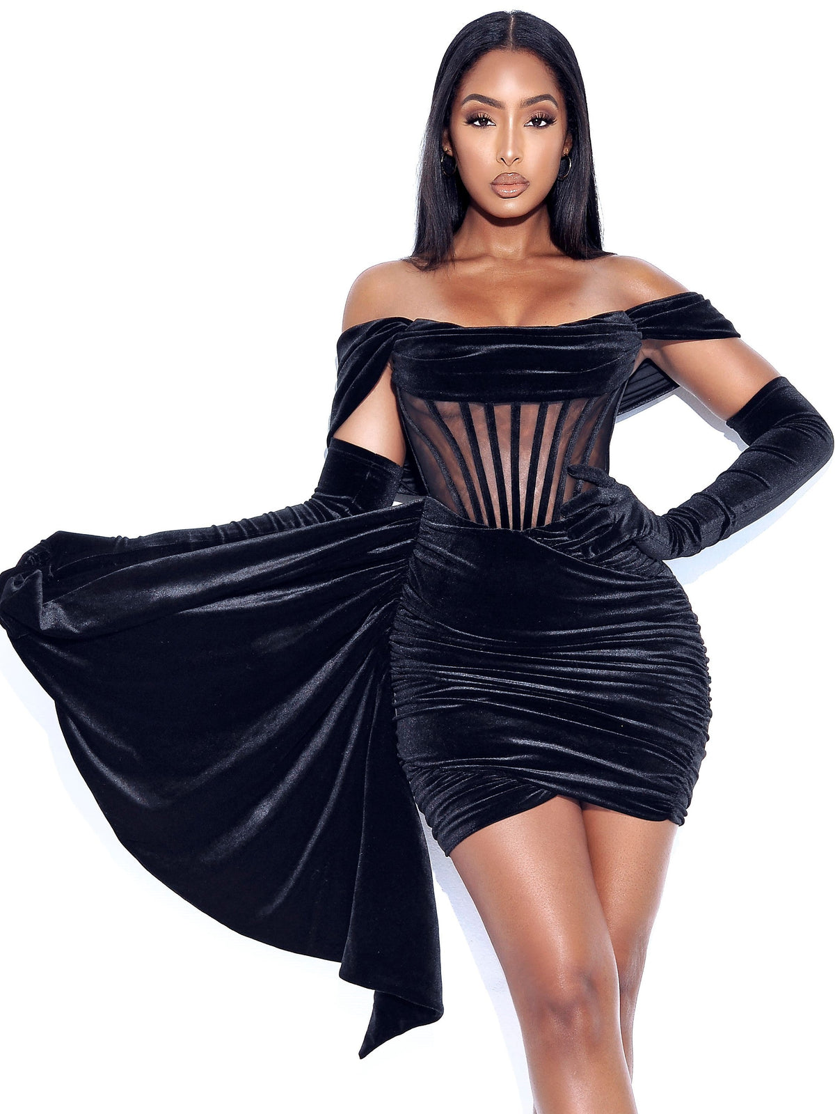 Irisa Black Draping Off Shoulder Corset Dress (Archive Sale)