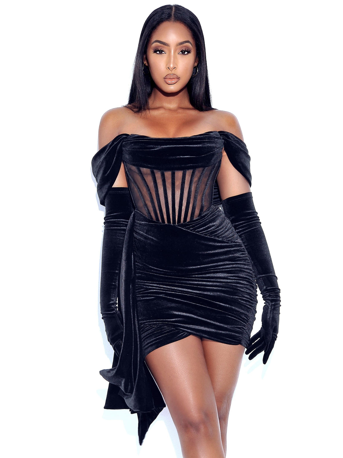 Irisa Black Draping Off Shoulder Corset Dress (Archive Sale)