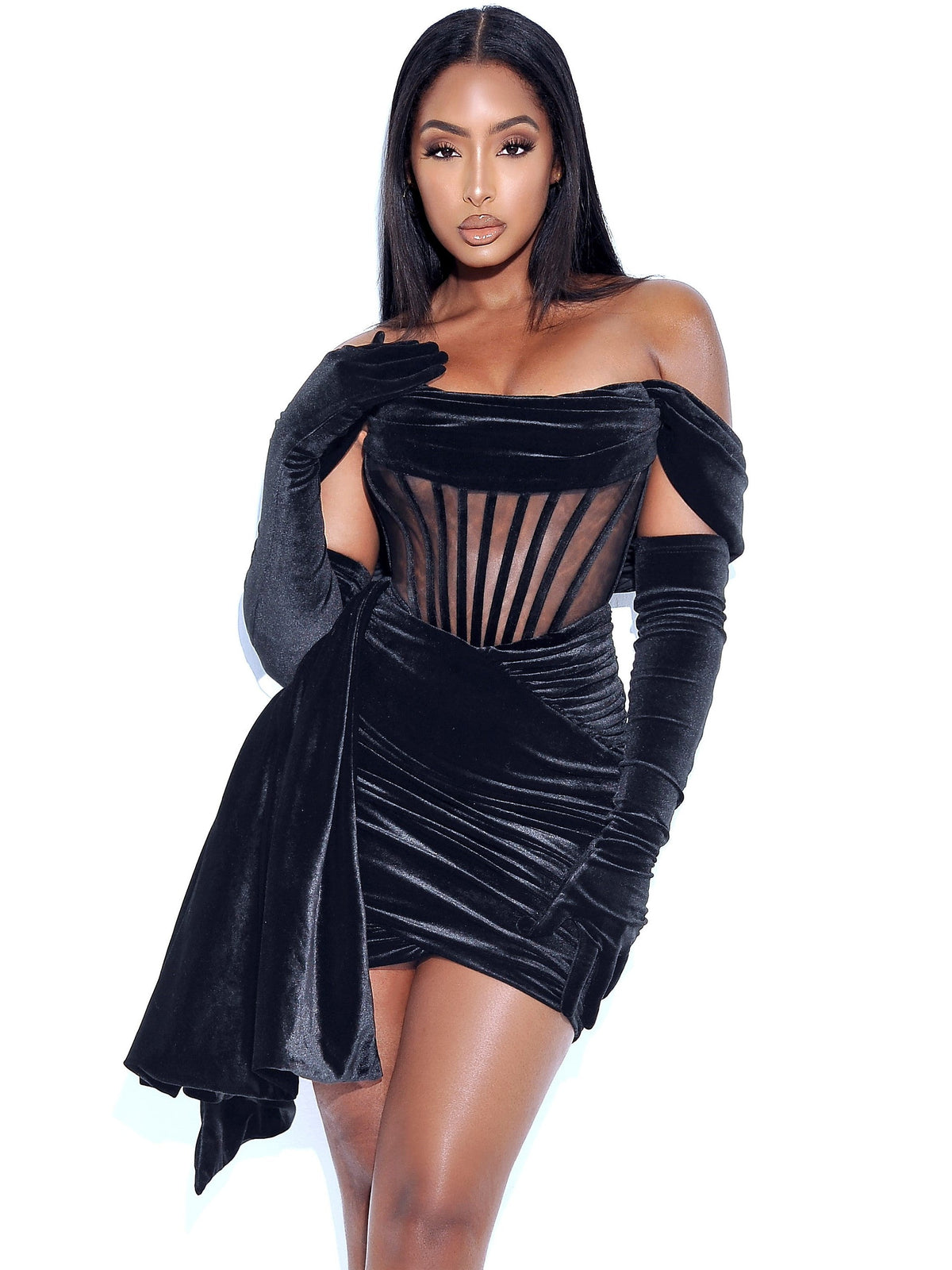 Irisa Black Draping Off Shoulder Corset Dress (Archive Sale)