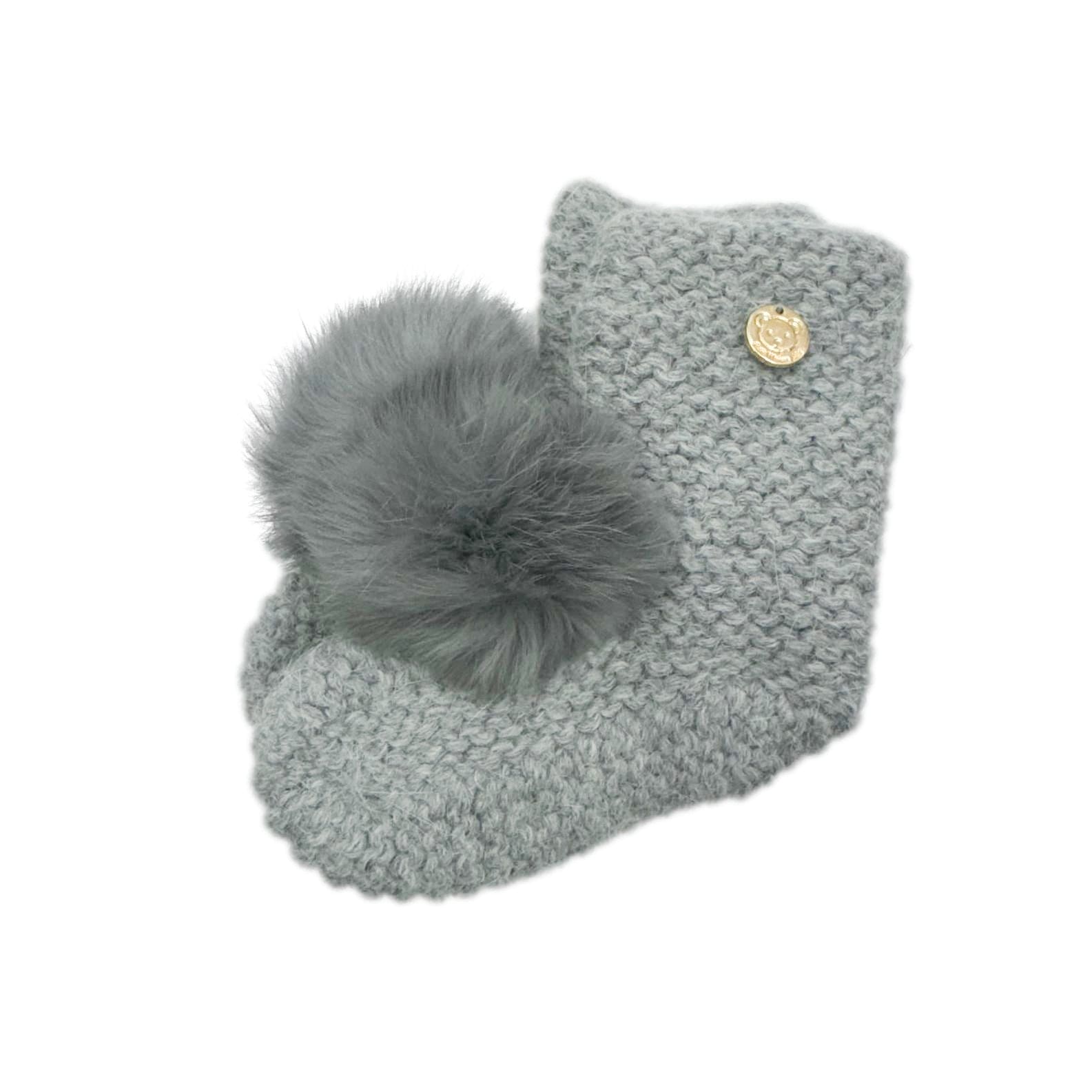 Grey Angora Pom Pom Booties With Grey Pom - Petite Maison Kids