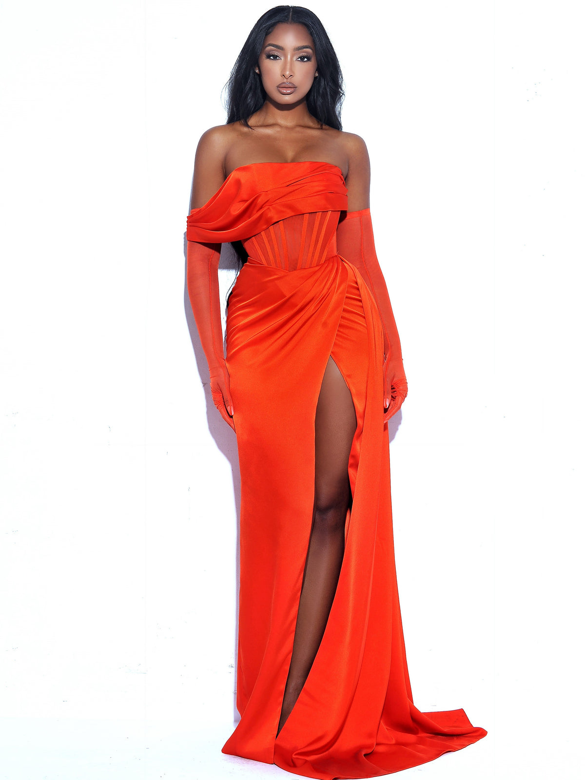 Rebeca Poinciana Satin High Slit Corset Gown (Archive Sale)