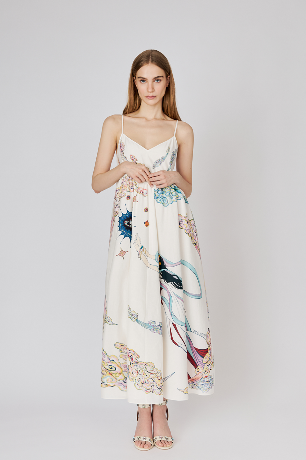 Du & Berry white midi summer dress with colorful floral patterns and thin spaghetti straps