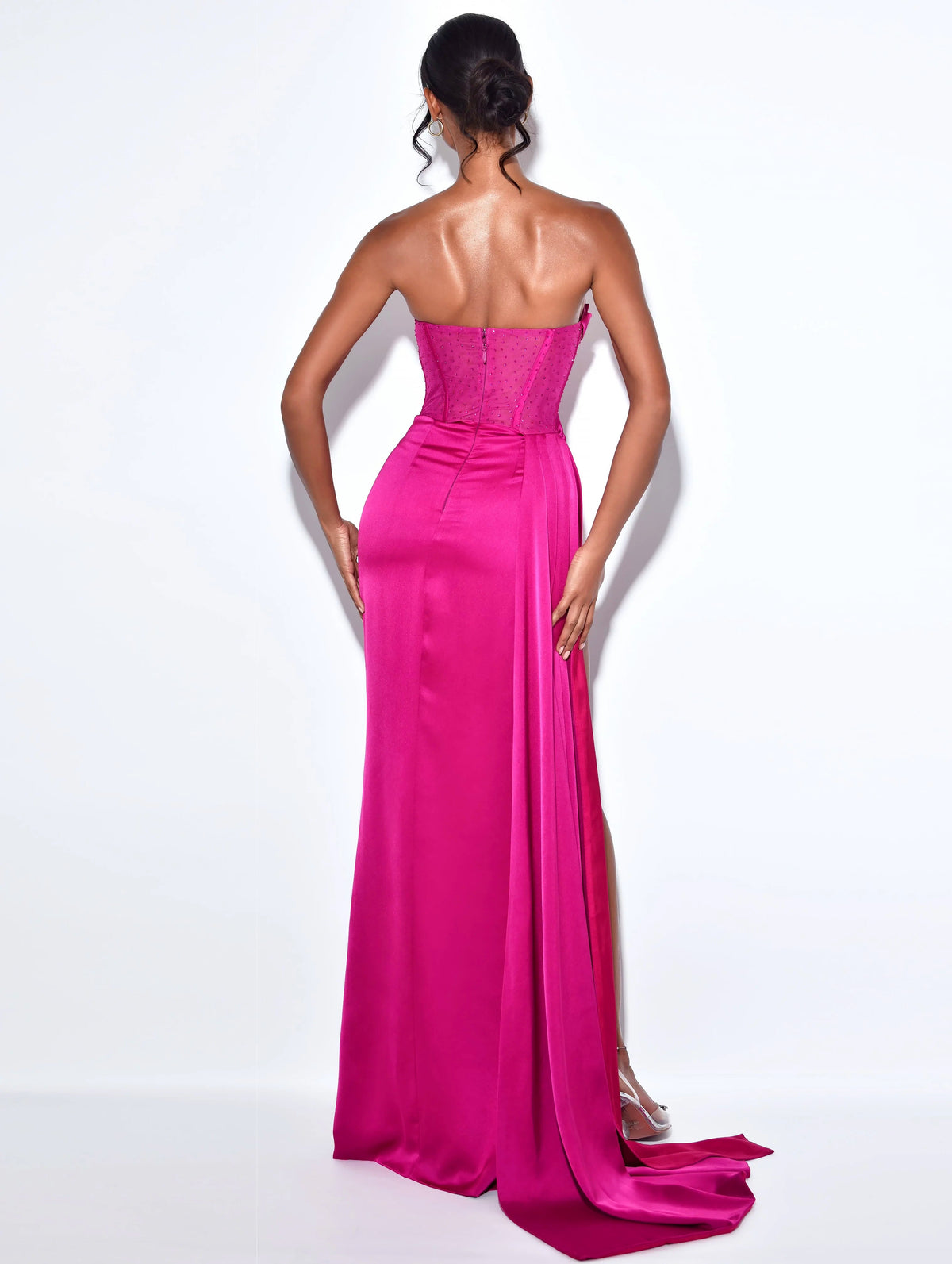 Holly Fuchsia Crystallized Corset High Slit Satin Gown (Archive Sale)