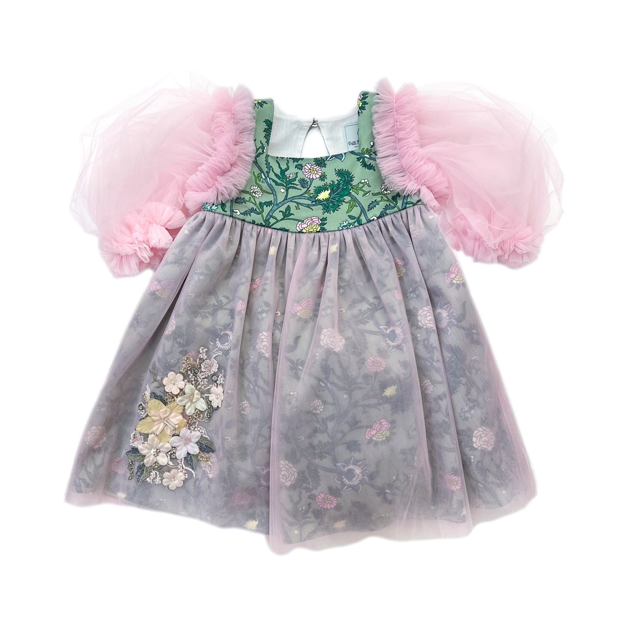 Eva green floral dress with pink tulle overlay and puff sleeves. Elegant style perfect for special occasions and spring celebrations.