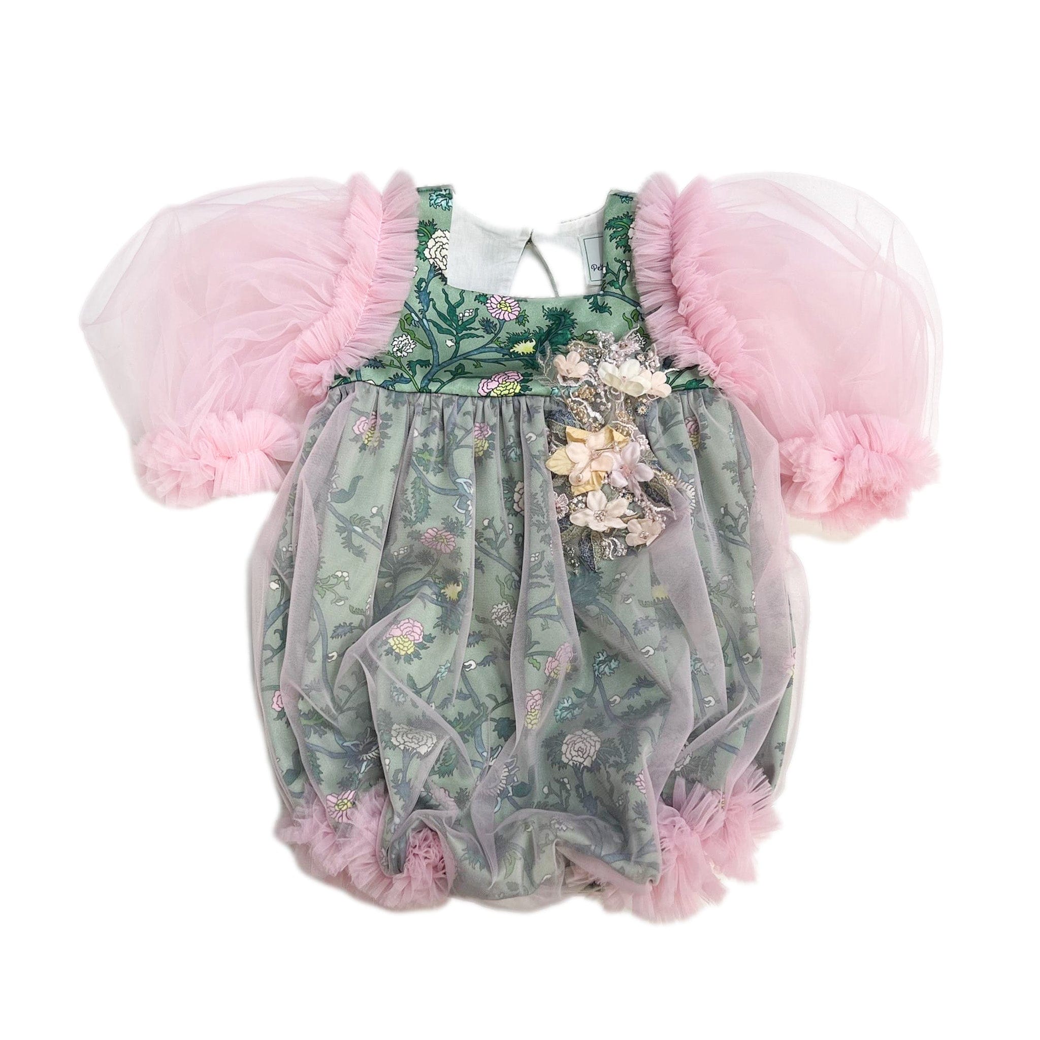 Eva green floral satin baby girl romper with pink tulle puff sleeves, floral appliqué bodice, cotton lining, and snap closure.