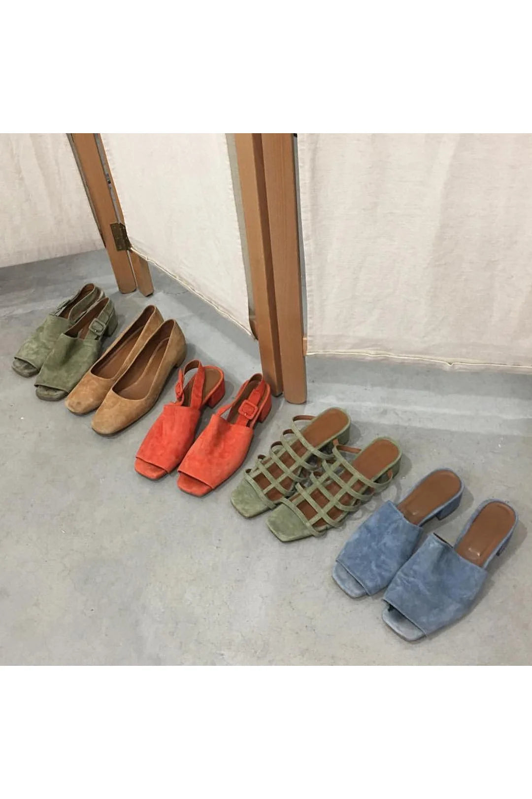 BY FAR Grid Green Suede Sandals