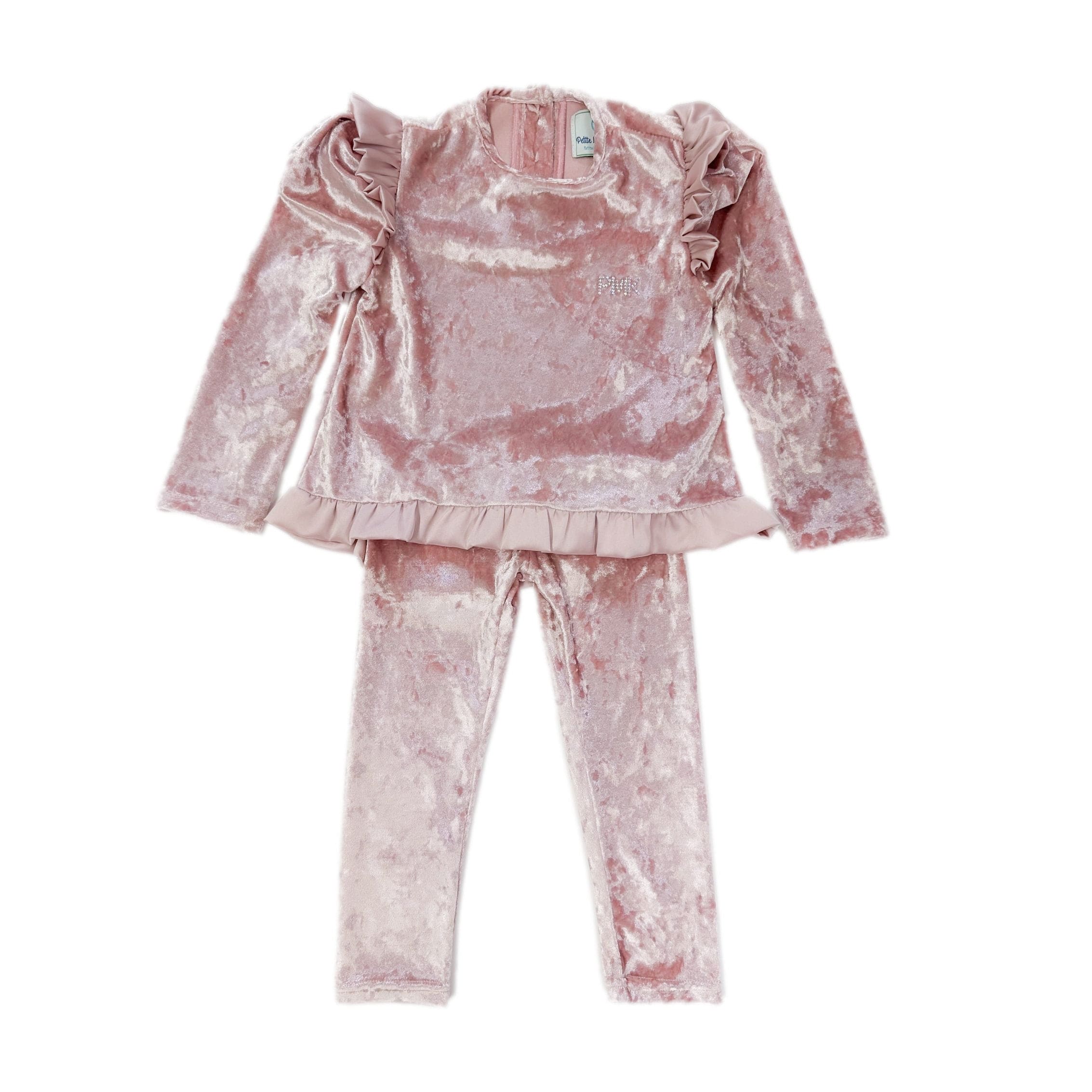 Pink velour lounge set for girls featuring ruffle shoulder long sleeve top and matching leggings, soft luxury children's loungewear